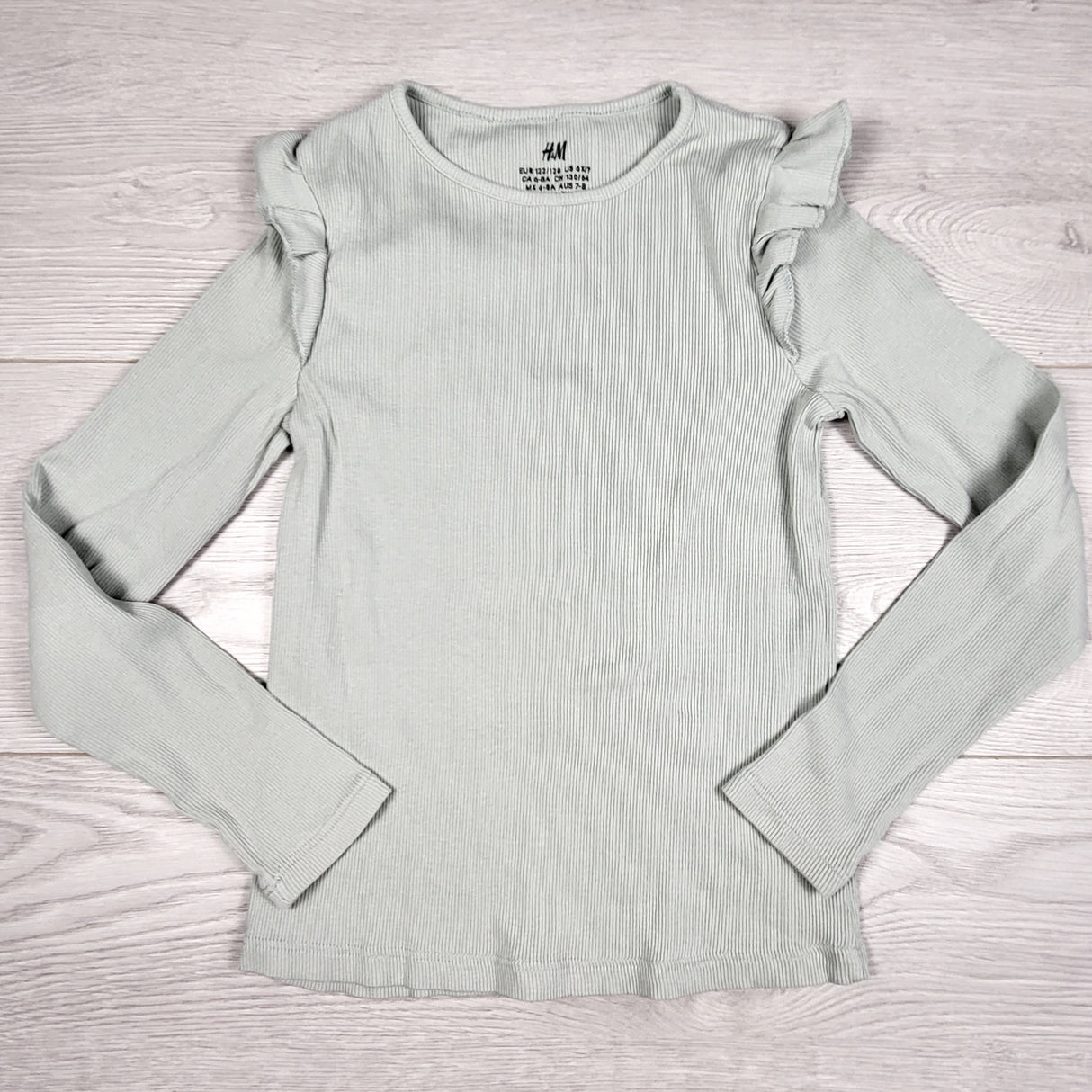 BNG2 - H and M sage green ribbed ruffle top. Size 6-8 Years