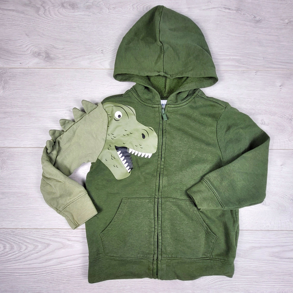 KDEL3 - Old Navy green zip up dinosaur hoodie. Size 5T
