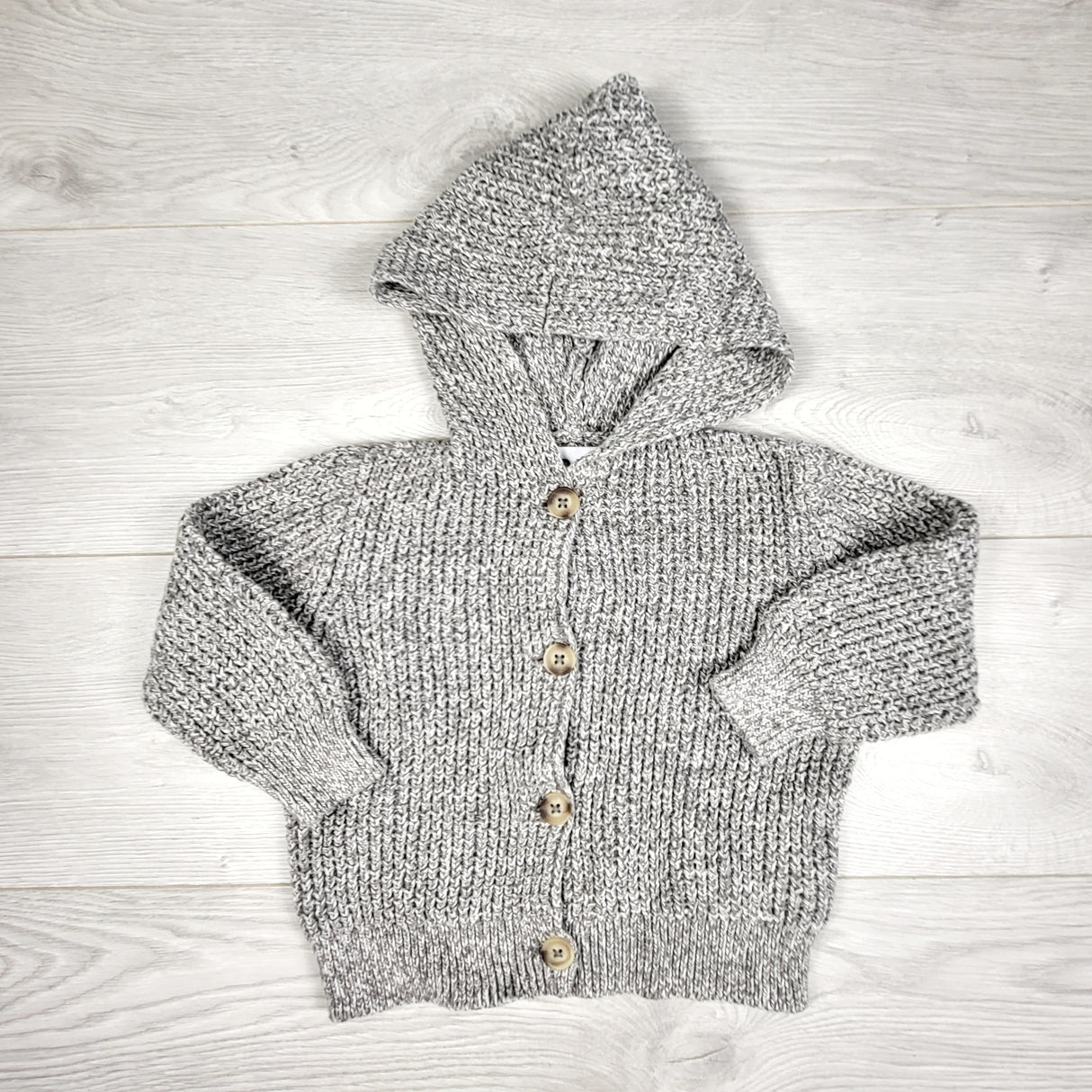 KDEL3 - Old Navy grey hooded chunky knit sweater. Size 18-24 months