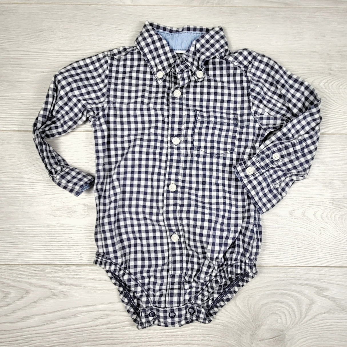 KDEL33 - Carters blue checked button down bodysuit. Size 12 months
