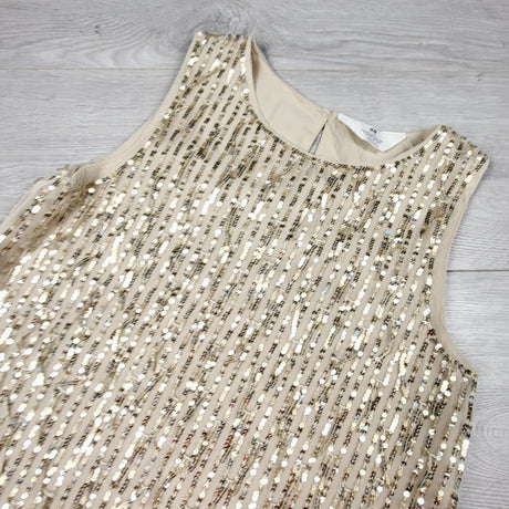 GFST1 - H and M gold sequin A-line dress with fringes. Size 9/10