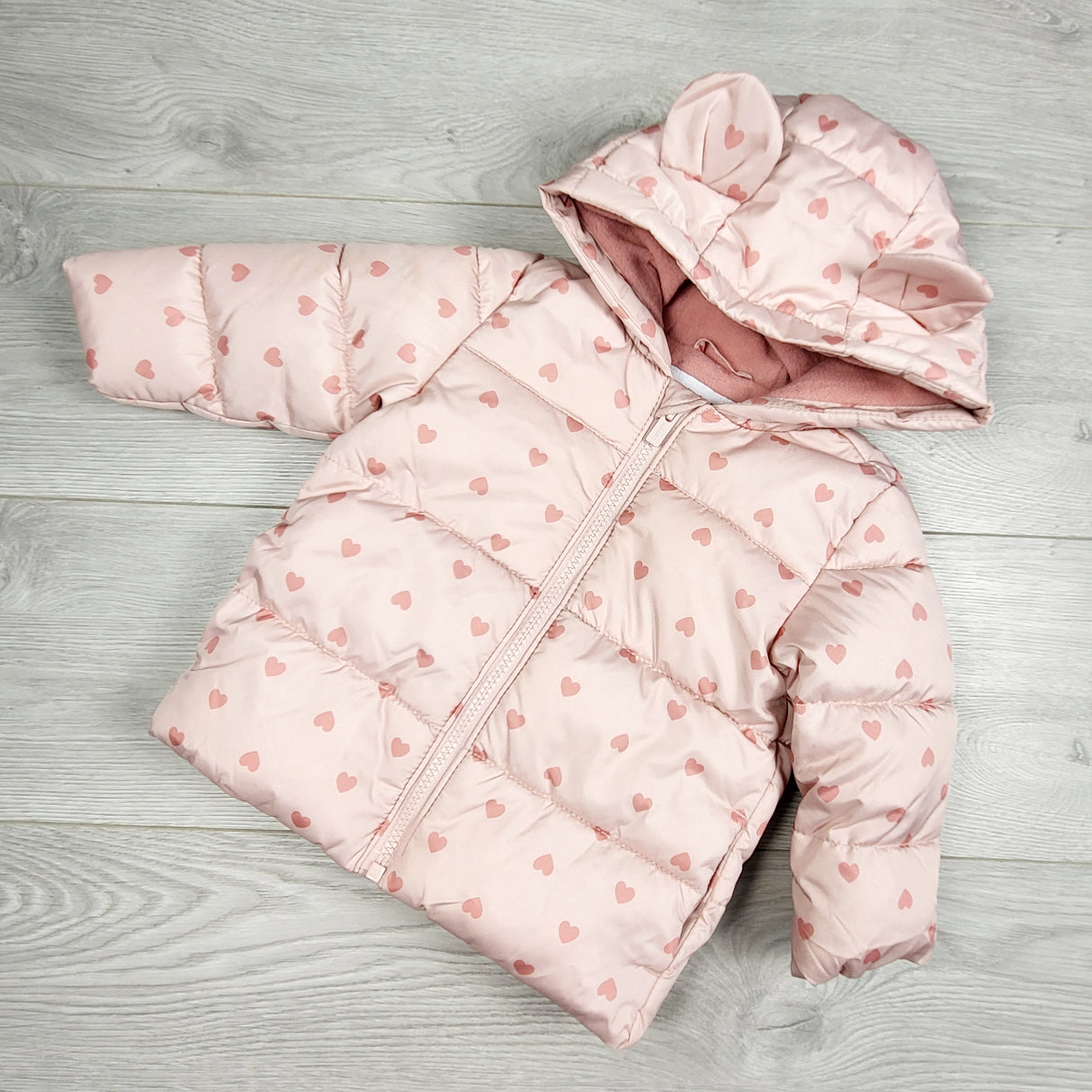 ORW1 - Old Navy pink fleece lined water resistant puffer coat with hearts. Size 12-18 months