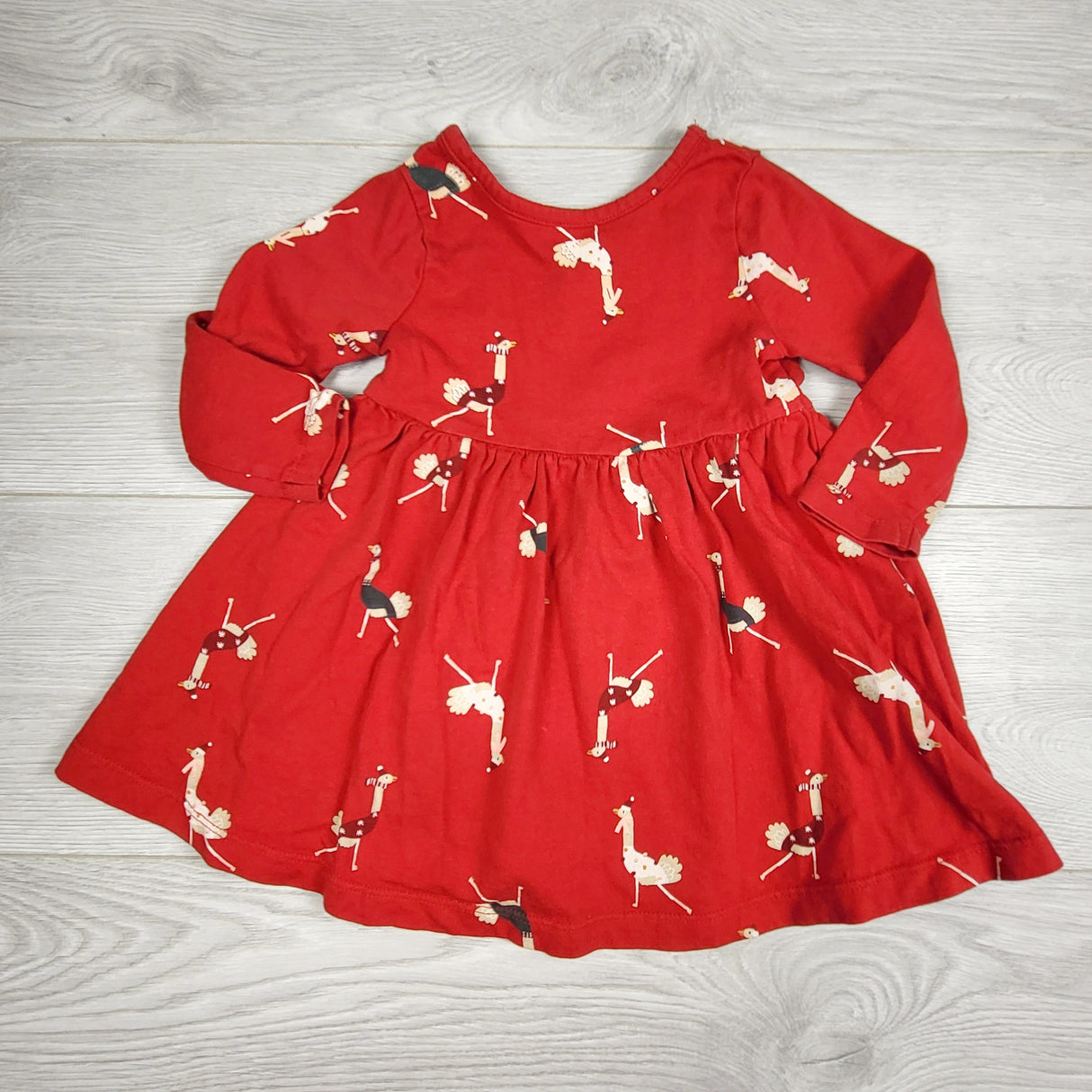 ORW1 - Rise Little Earthling red cotton dress with ostriches. Size 12-18 months 🍁
