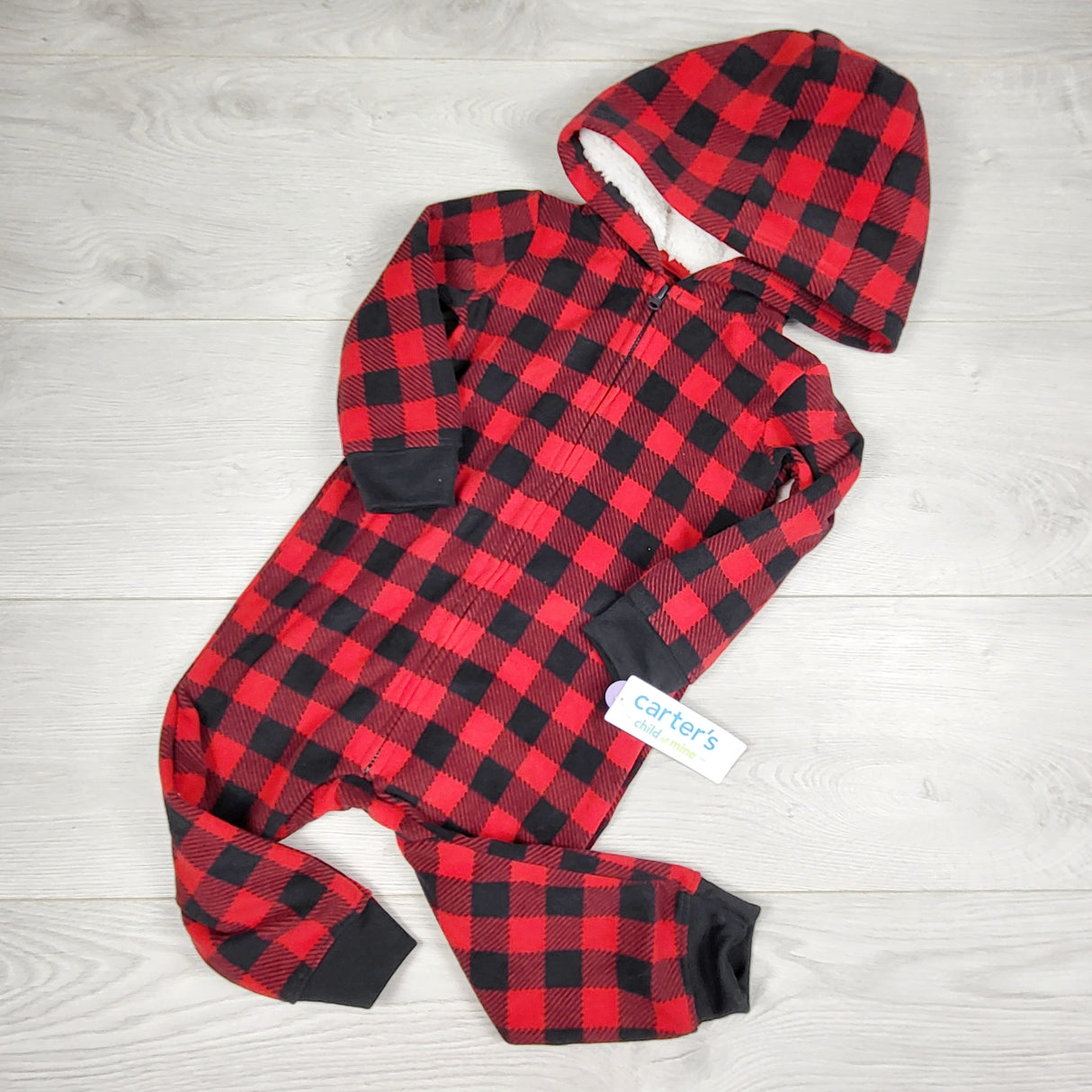 ORW1  -NEW - Child of Mine buffalo plaid plush lined hooded fleece romper. Size 18 months