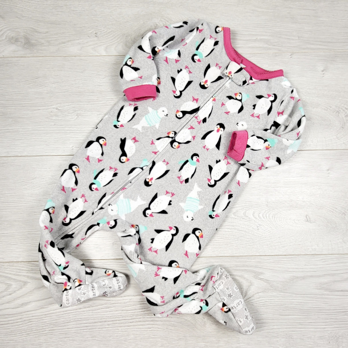 ORW1 - Carters grey zippered fleece penguin sleeper. Size 12 months