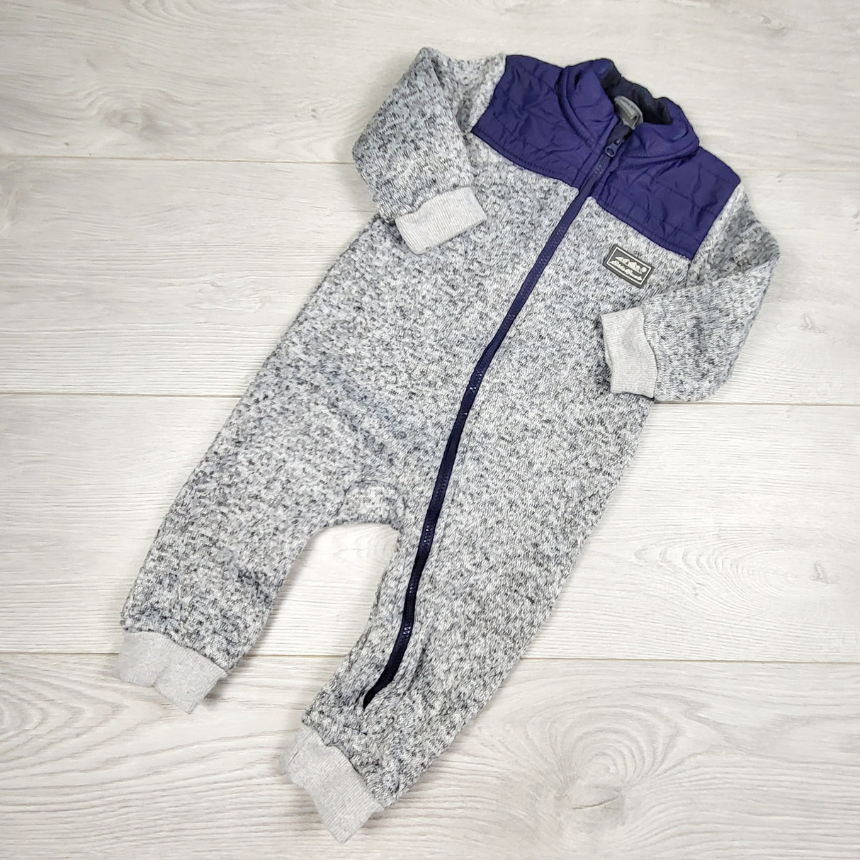 ORW1 - Eddie Bauer grey and navy "Radiator" knit coverall / romper. Size 9-12 months