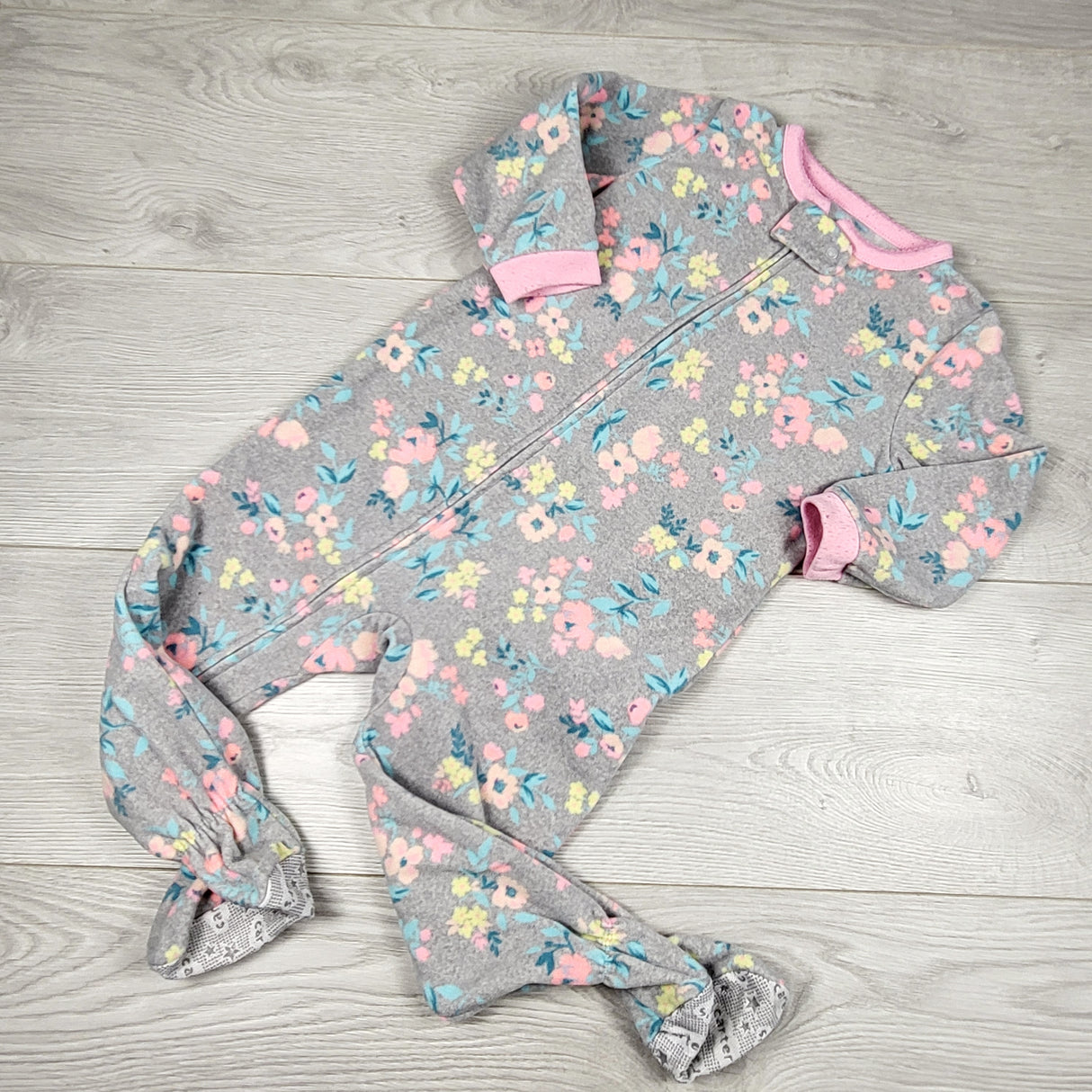 COWN1 - Carters grey floral print zippered fleece sleeper. Size 24 months