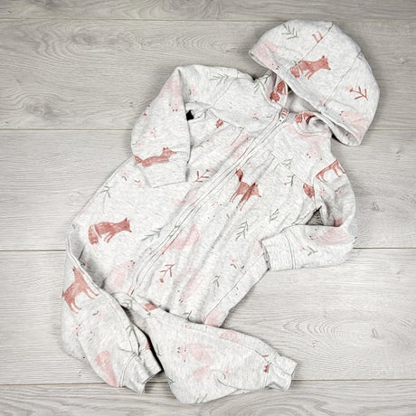 COWN1 - Carters grey hooded sweatshirt romper with foxes. Size 24 months
