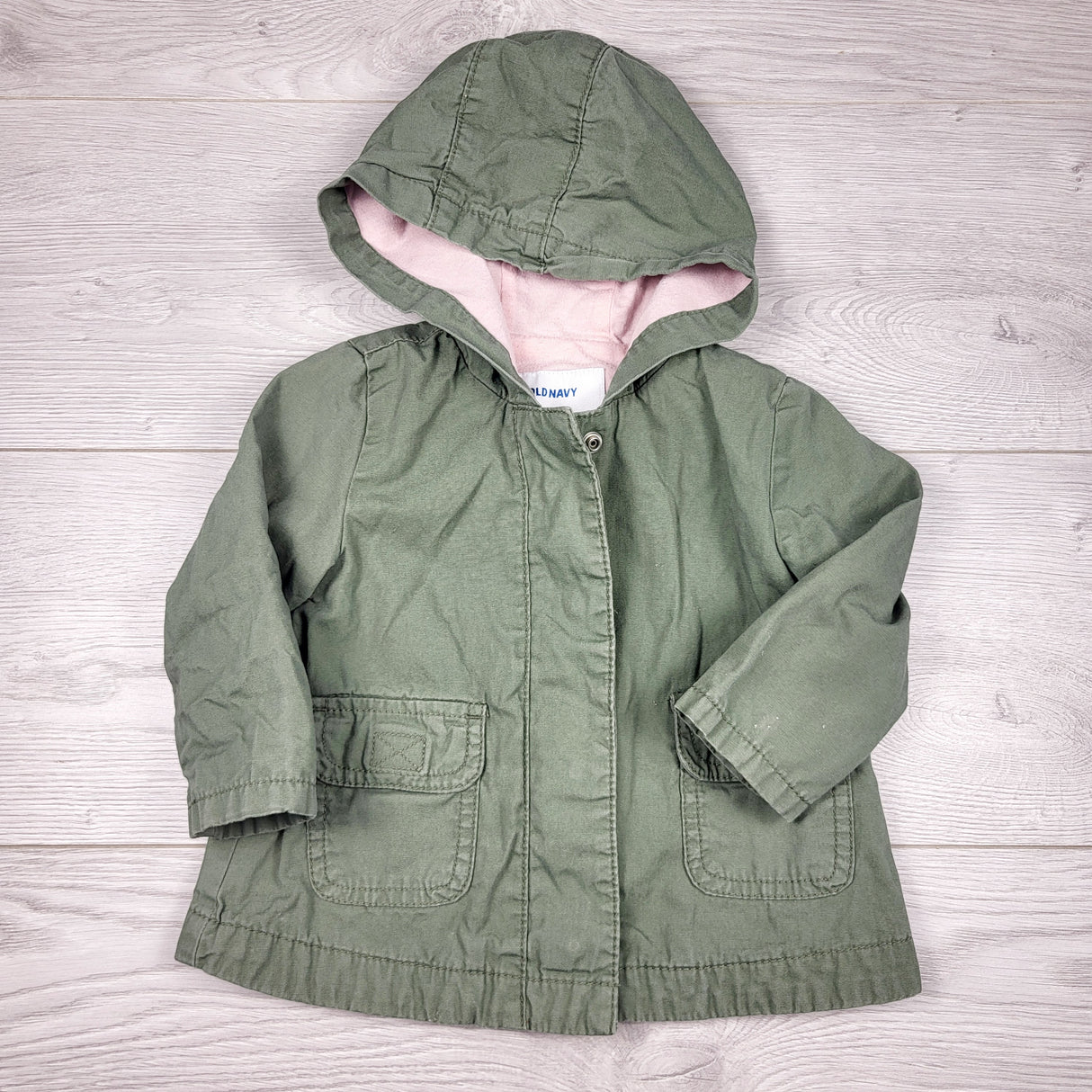 COWN1 - Old Navy green jersey lined hooded utility jacket. Size 6-12 months