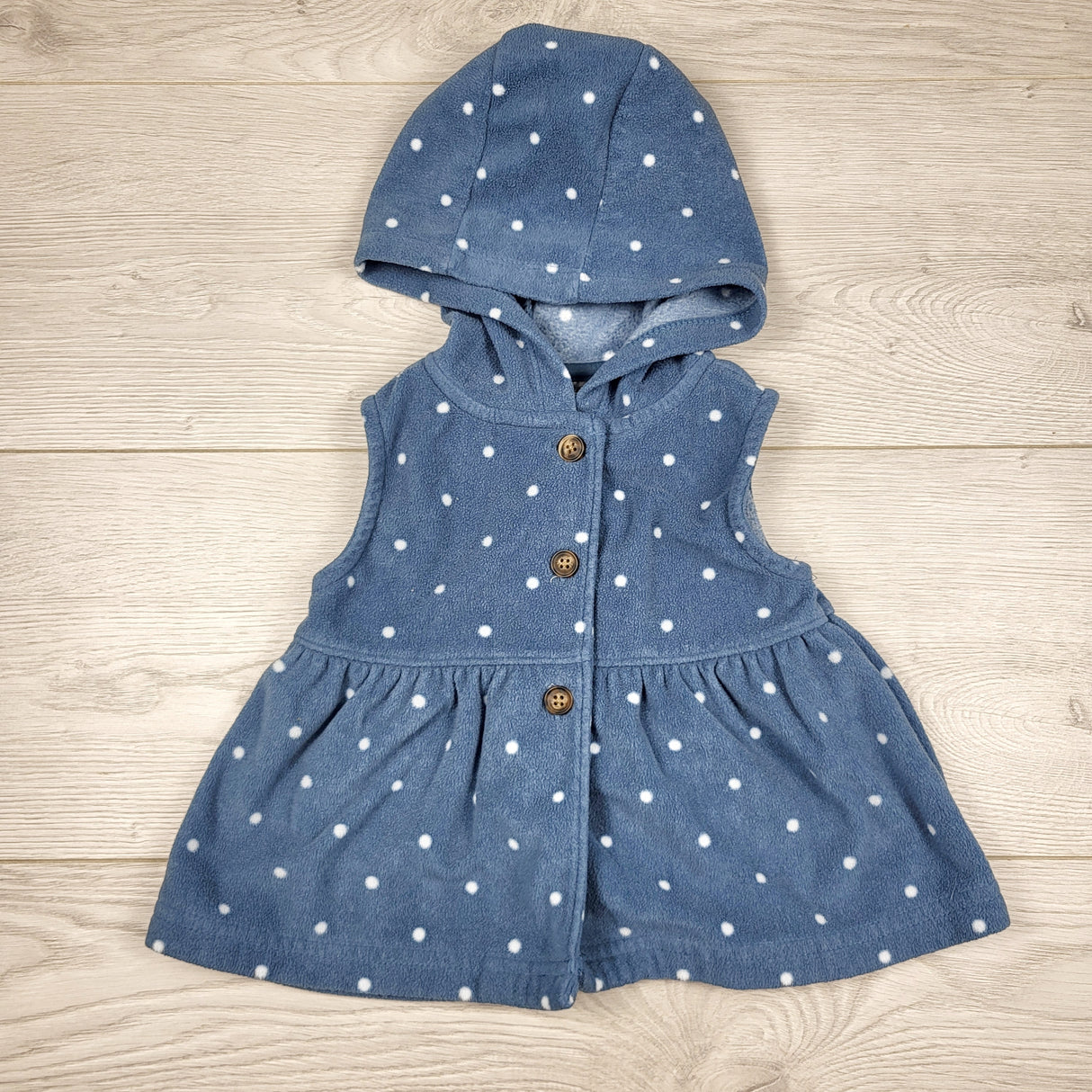 COWN1 - Child of Mine blue polka dot hooded fleece vest. Size 3-6 months