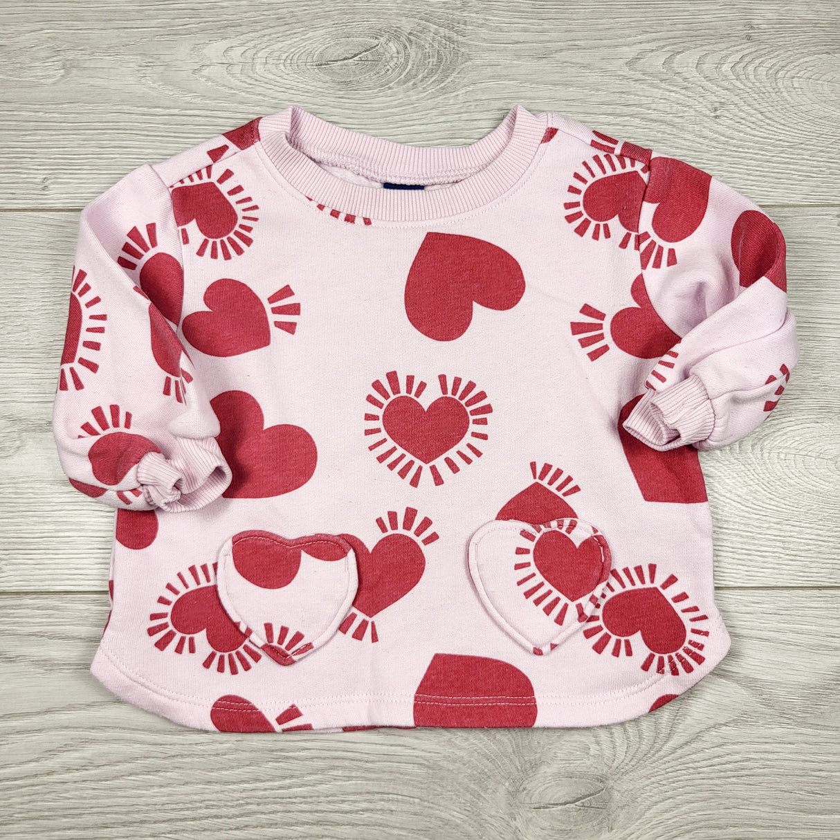 COWN1 - Old Navy pink fleecy lined sweatshirt with hearts. Size 3-6 months