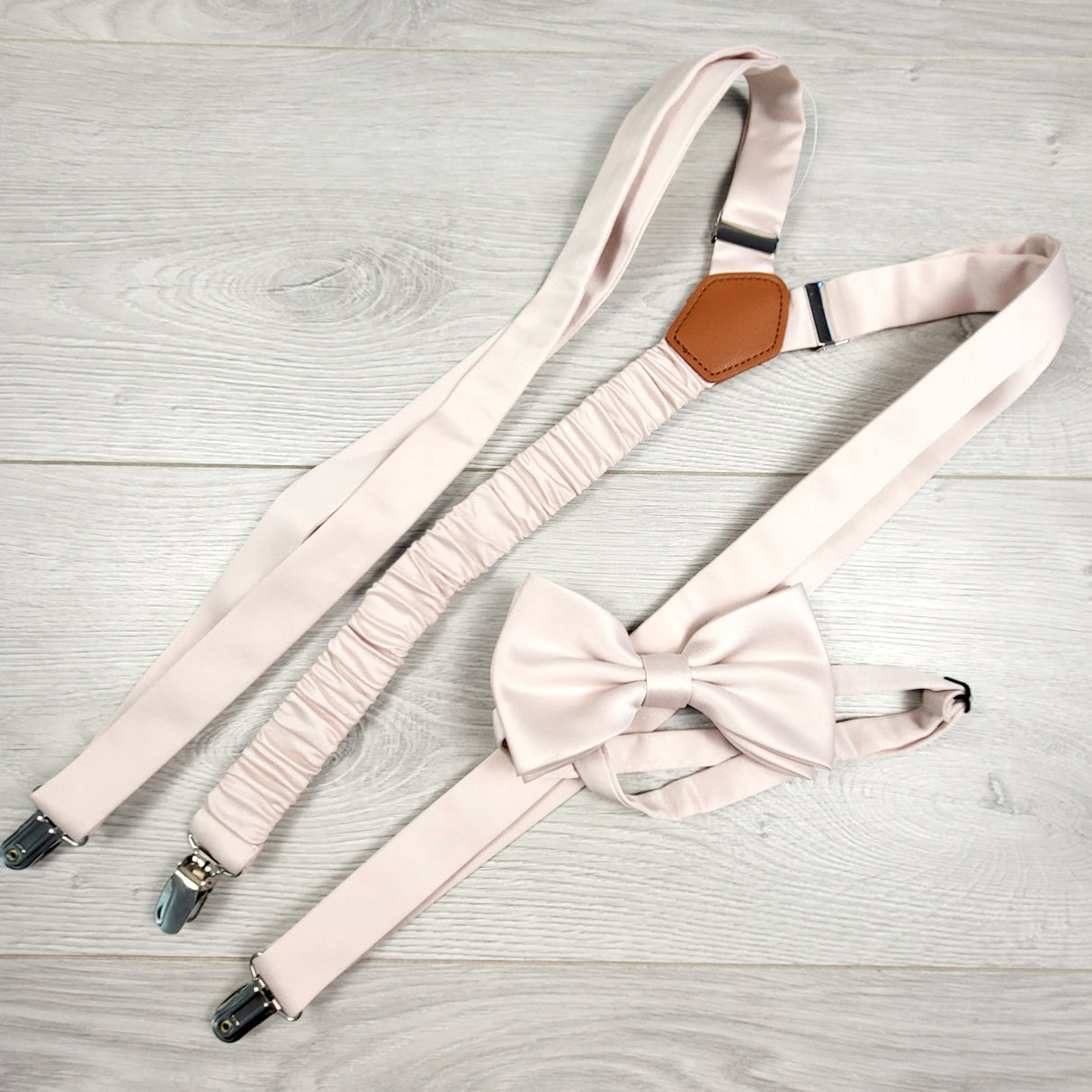 APPL1 - Pink silk suspenders and clip on bow tie (big kids)