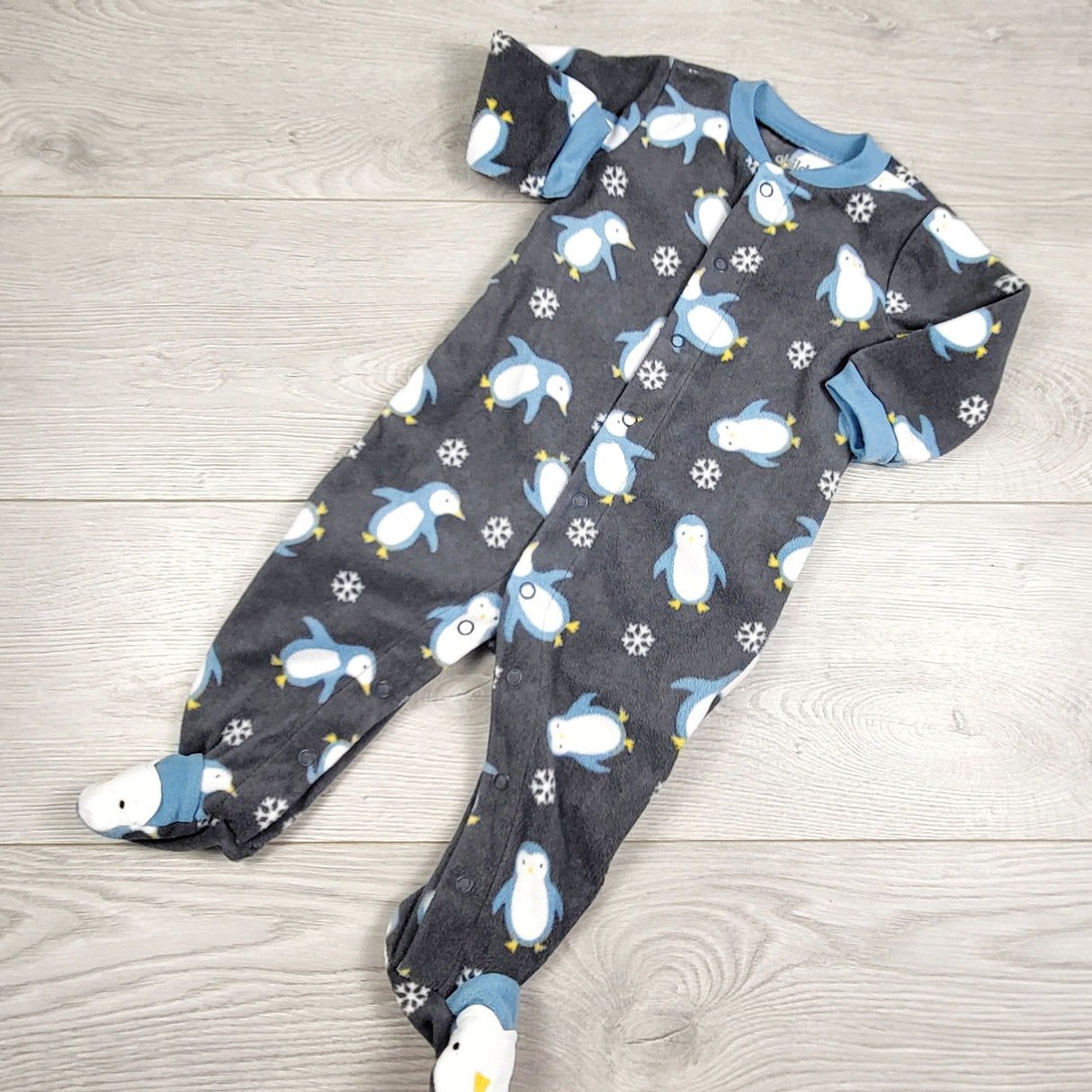 JEPR1 - Child of Mine grey fleece sleeper with penguins. Size 3-6 months