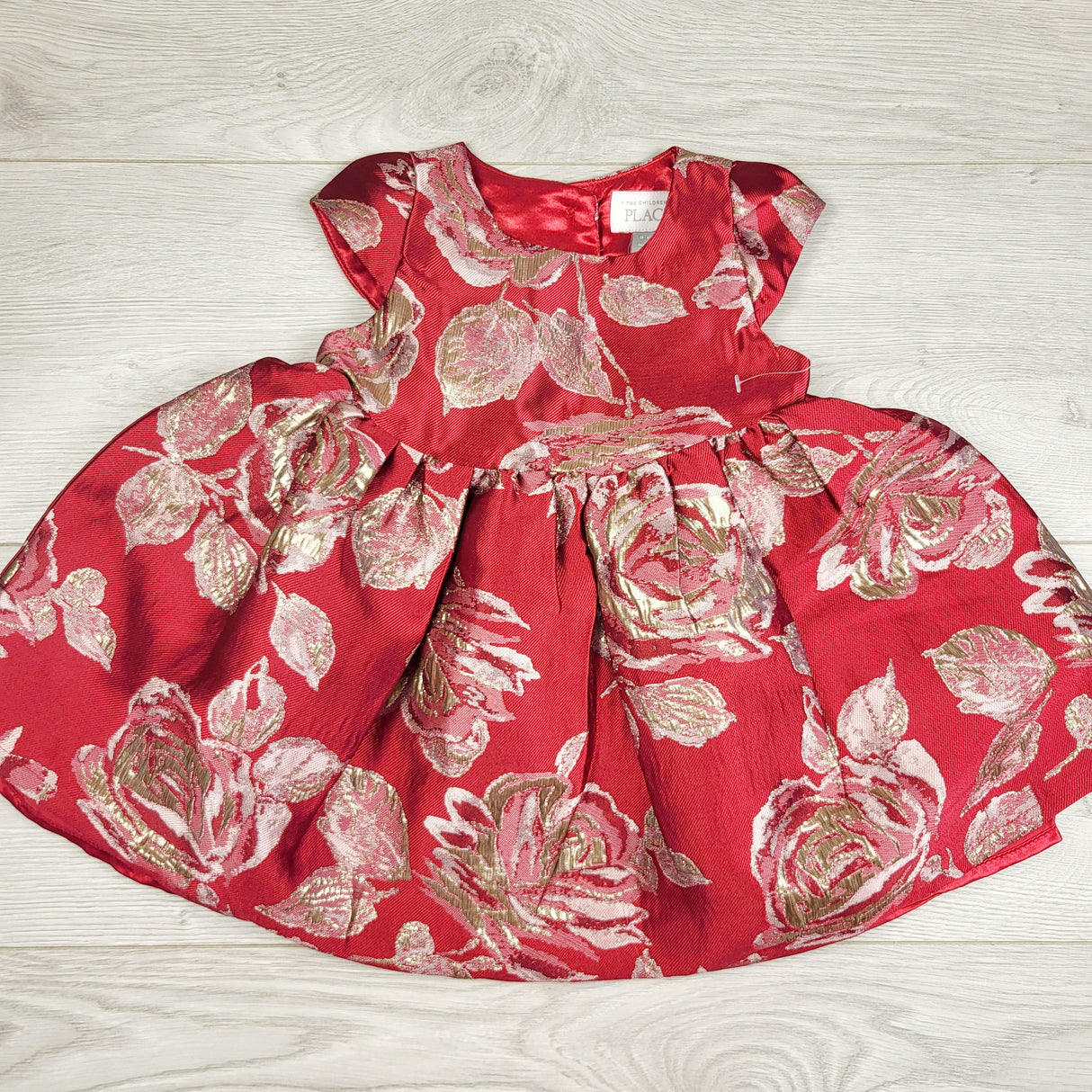 JEPR1 - NEW - Children's Place red and gold floral print special occasion dress. Size 9-12 months