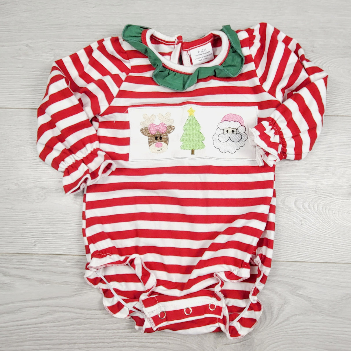 JEPR11 - Red striped Christmas themed bodysuit with ruffle collar. Size 6-12 months