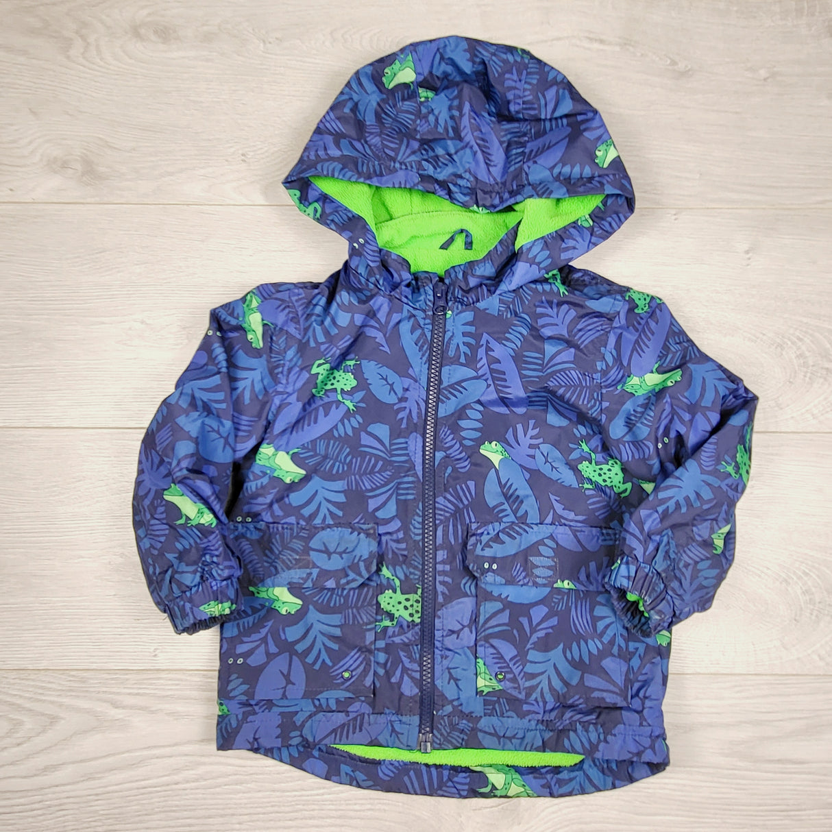 COHI1 - Carters blue fleece lined rain coat with frogs. Size 2T