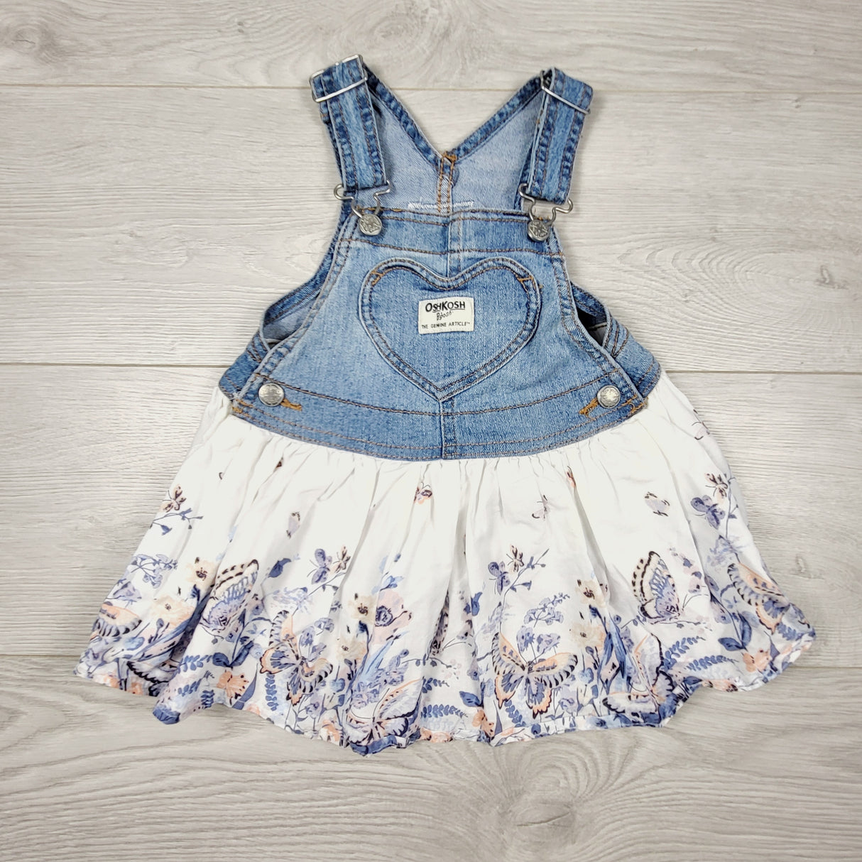 JEPR2 - Oshkosh denim bib dress with butterfly skirting. Size 18 months