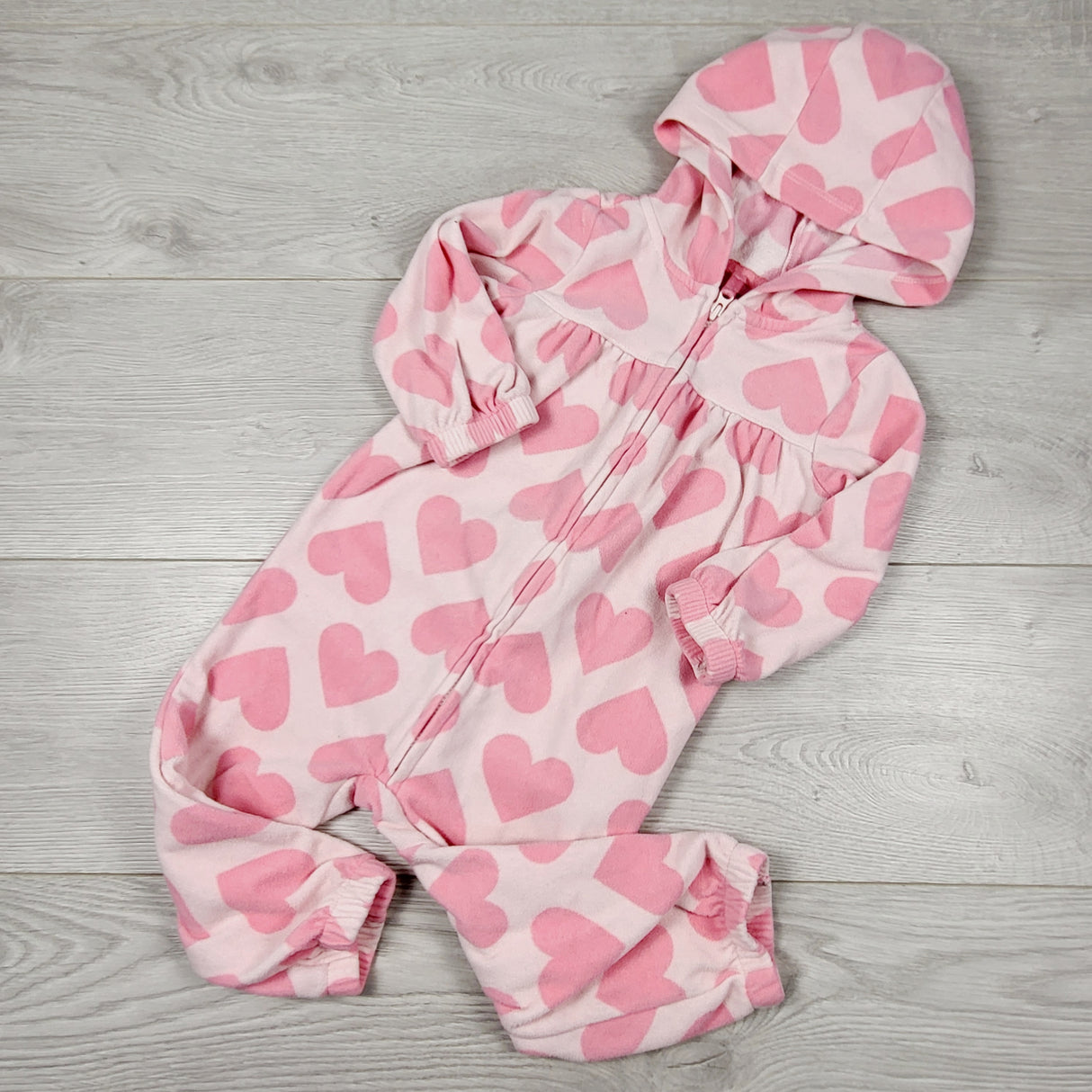 JEPR2 - Carters pink zippered hooded fleece romper with hearts. Size 18 months