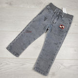 MCX1 - IKKS grey distressed pull on jeans with racing theme. Size 2T
