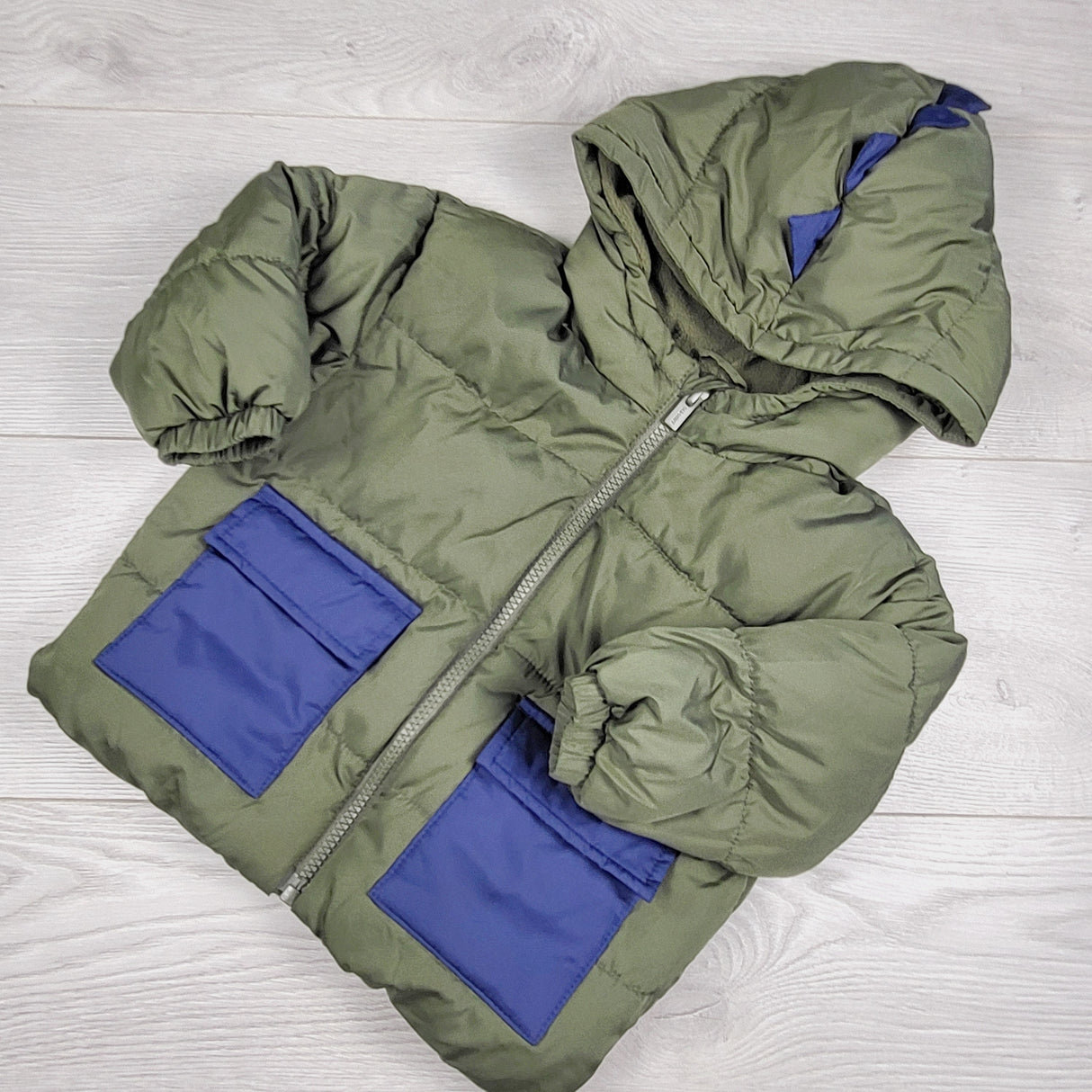 MCX1 - Old Navy green and blue fleece lined water resistant hooded puffer coat. Size 18-24 months