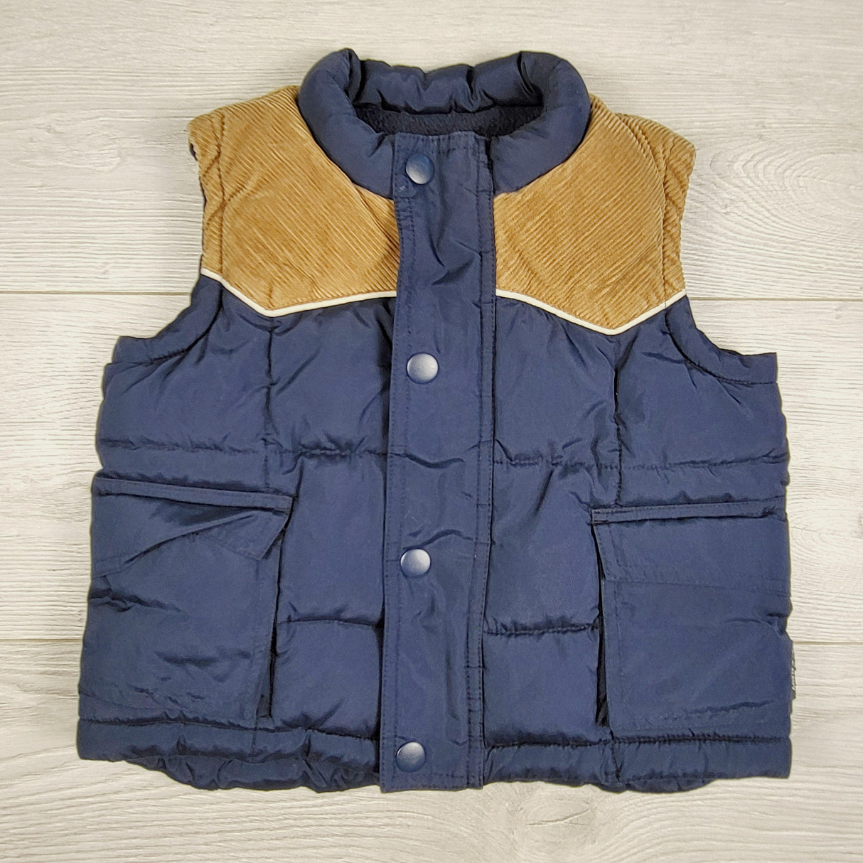 MCX1 - Old Navy navy fleece lined puffer vest with corduroy accents. Size 18-24 months