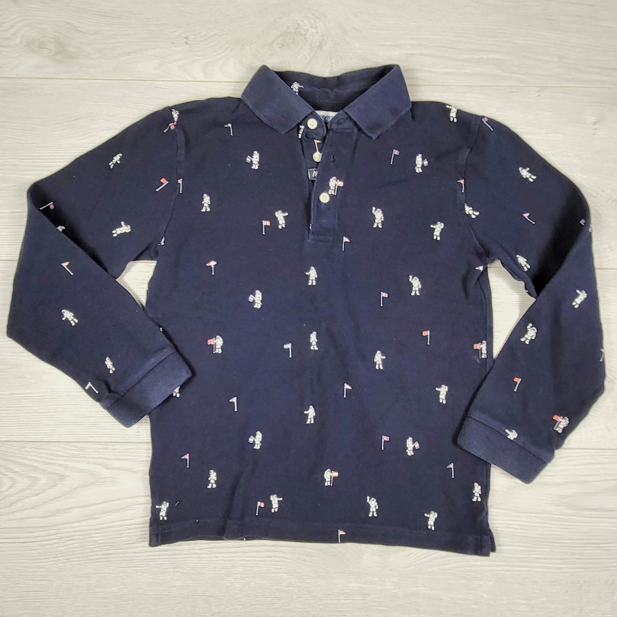 MSK1 - Mayoral blue long sleeved polo shirt with astronauts. Size 9