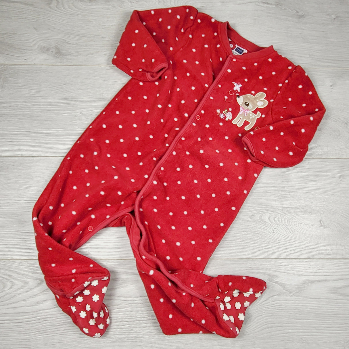 JEPR3 - Marks and Spencer red polka dot fleece sleeper with deer. Size 12-18 months