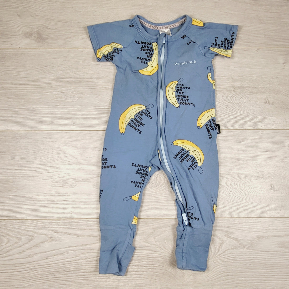 JEPR3 - Bonds blue wondersuit with bananas. Size 3-6 months