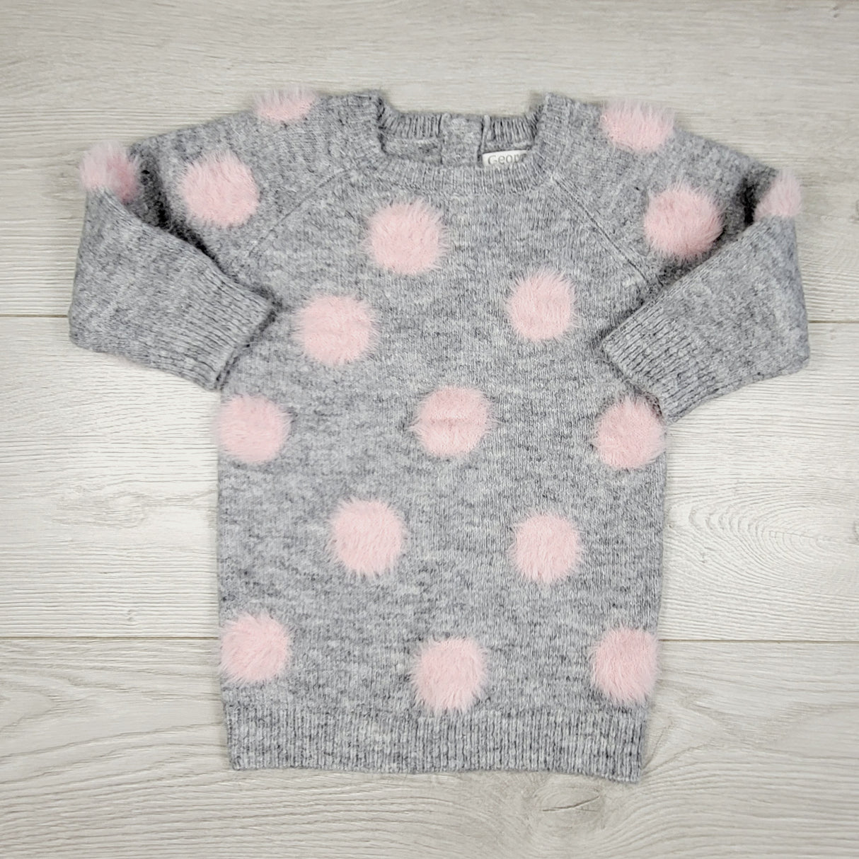 JEPR3 - George fuzzy grey and pink polka dot sweater. Size 6-12 months