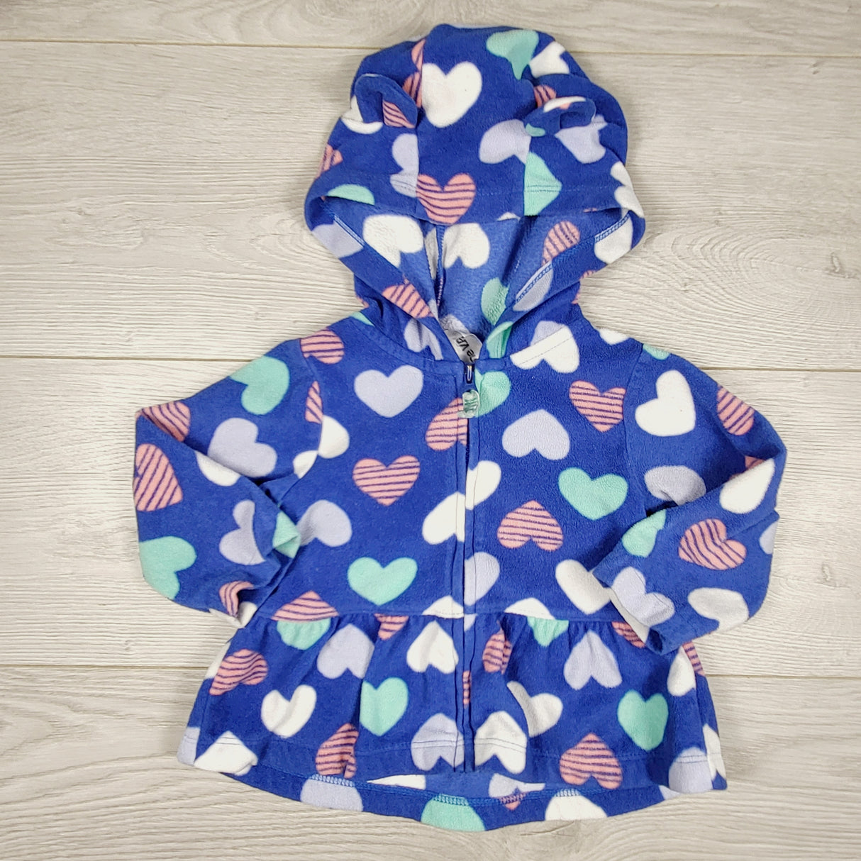JEPR3 - Carters blue zippered fleece hoodie with hearts. Size 9 months