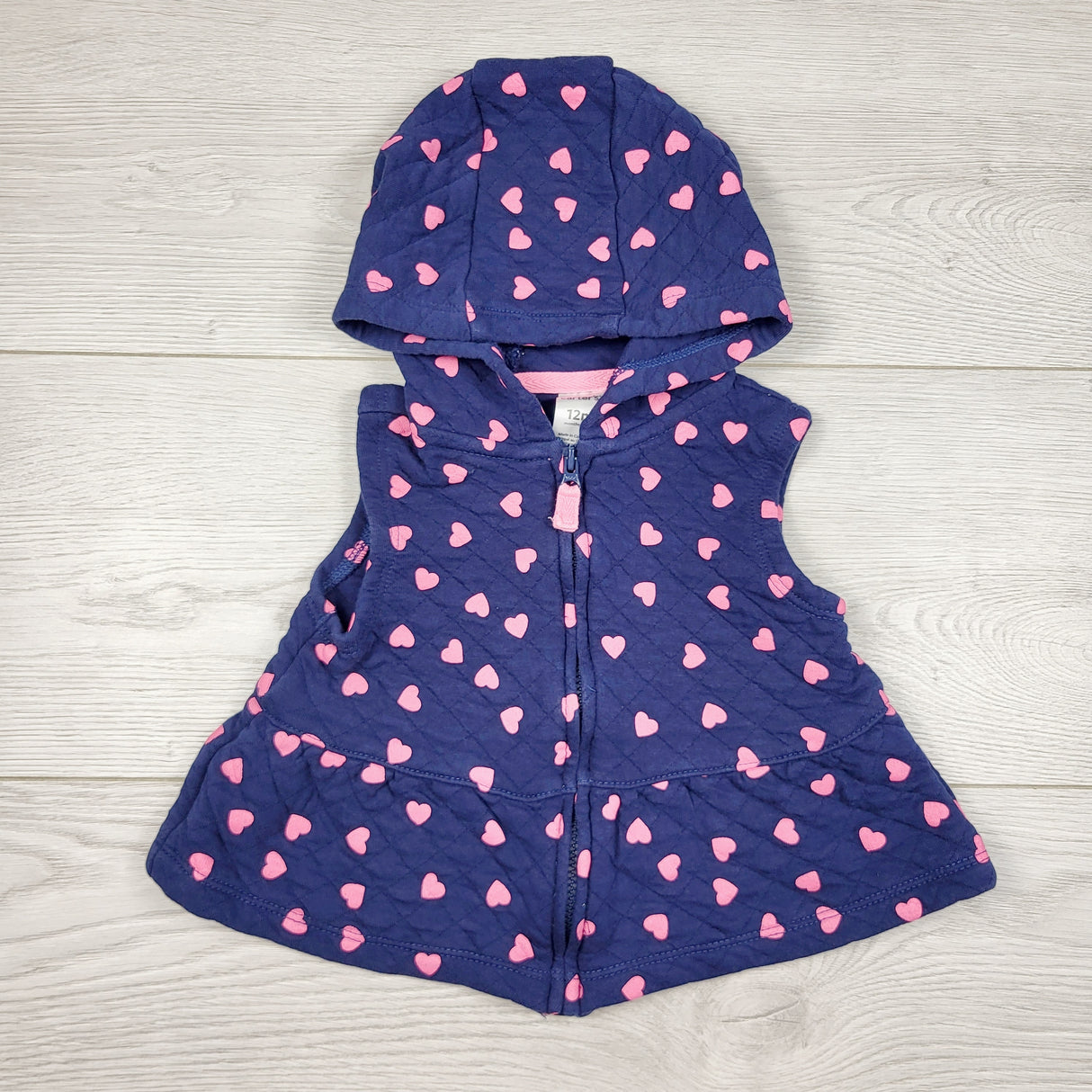 RBEN1 - Carters navy quilted cotton hooded vest with hearts. Size 12 months