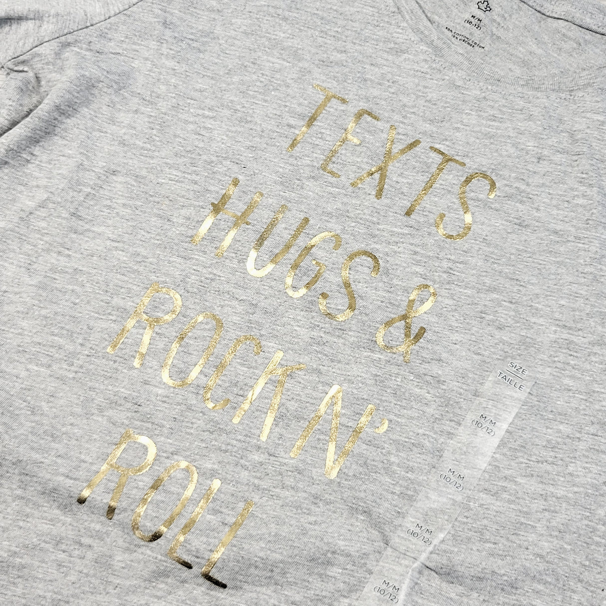 DZAV2 - NEW - Sears grey "Texts, Hugs and Rock 'N Roll" shirt. Size 10/12
