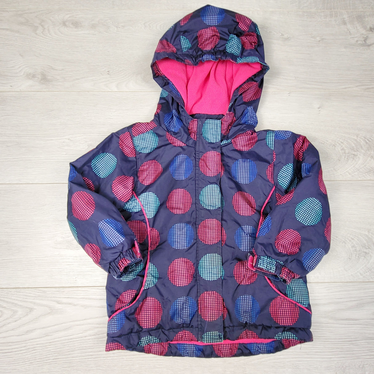 PTOM1 - Children's Place navy polka dot fleece lined rain jacket. Size 3T