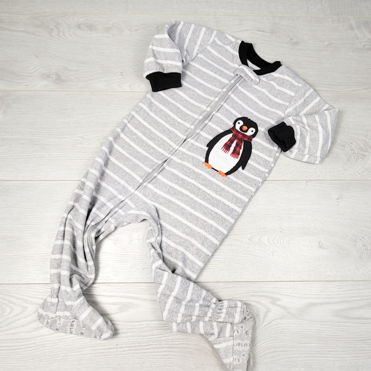 PTOM1 - Carters grey striped zippered fleece sleeper with penguins. Size 18 months