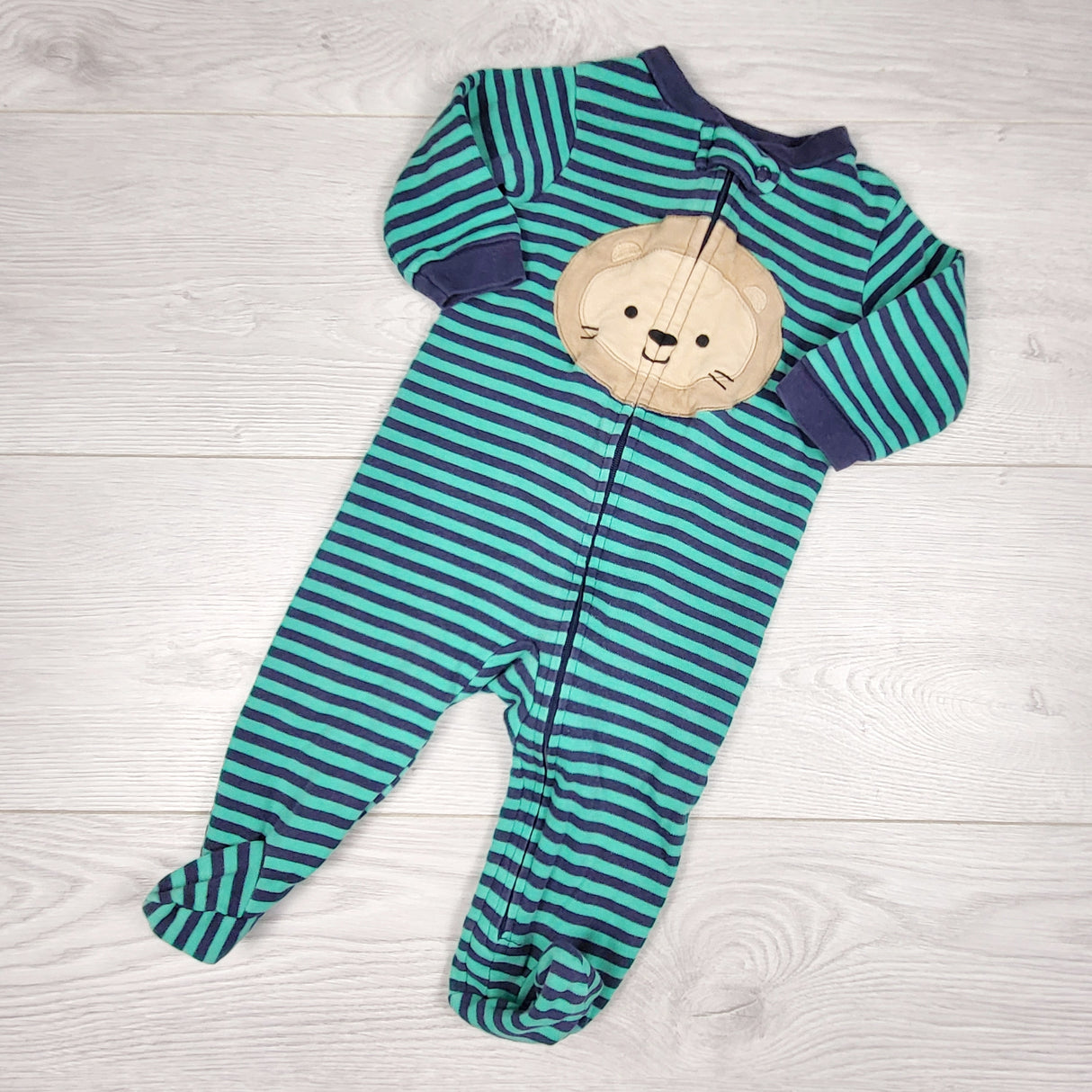 PTOM1 - Child of Mine green and navy striped zippered cotton sleeper with lion. Size 3-6 months