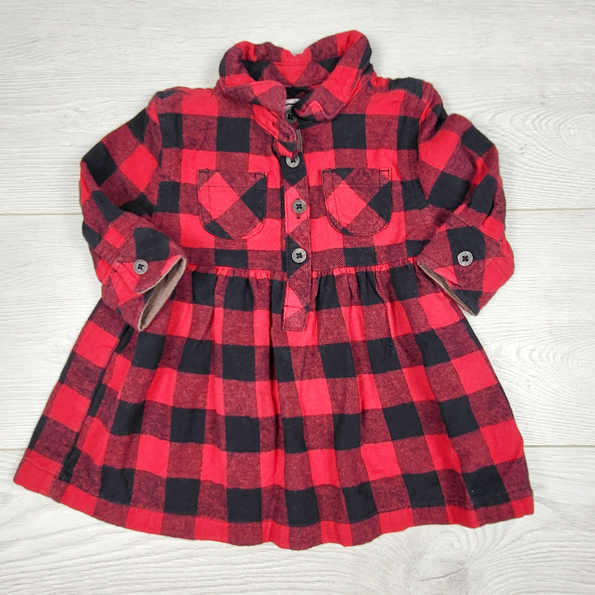 ECRS11 - Canadiana red buffalo plaid flannel dress. Size 3-6 months