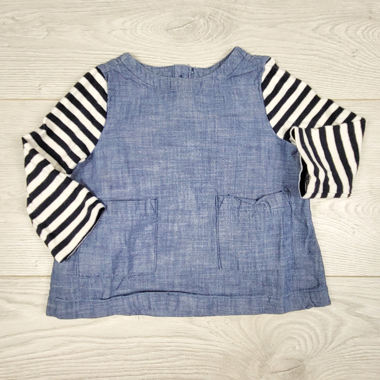 ECRS11 - Gap chambray top with striped sleeves. Size 3-6 months