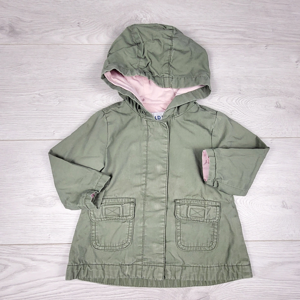 ECRS11 - Old Navy green jersey lined hooded utility jacket. Size 6-12 months