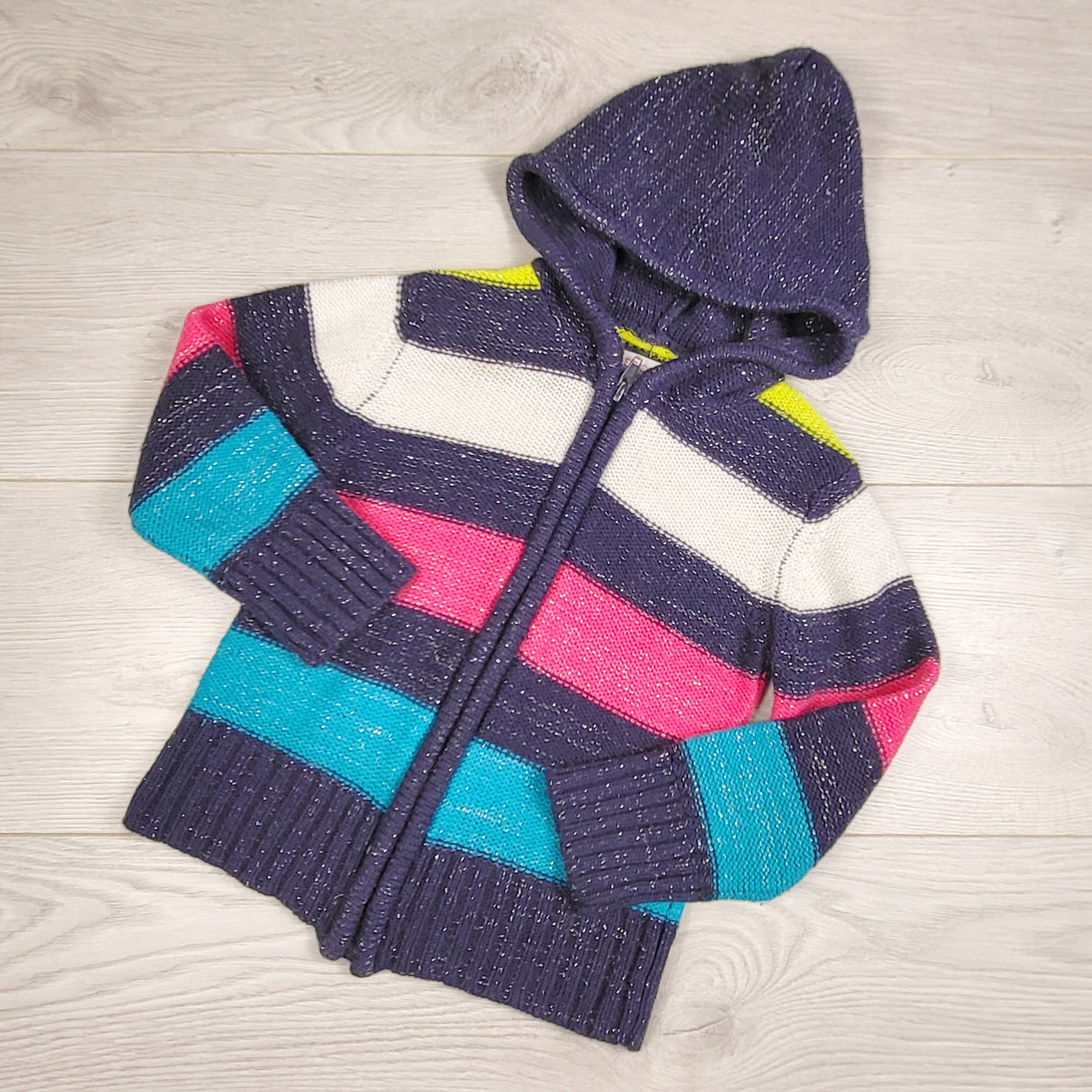 LUGE11- Cherokee blue striped hooded sweater coat with sparkles. Size 4T