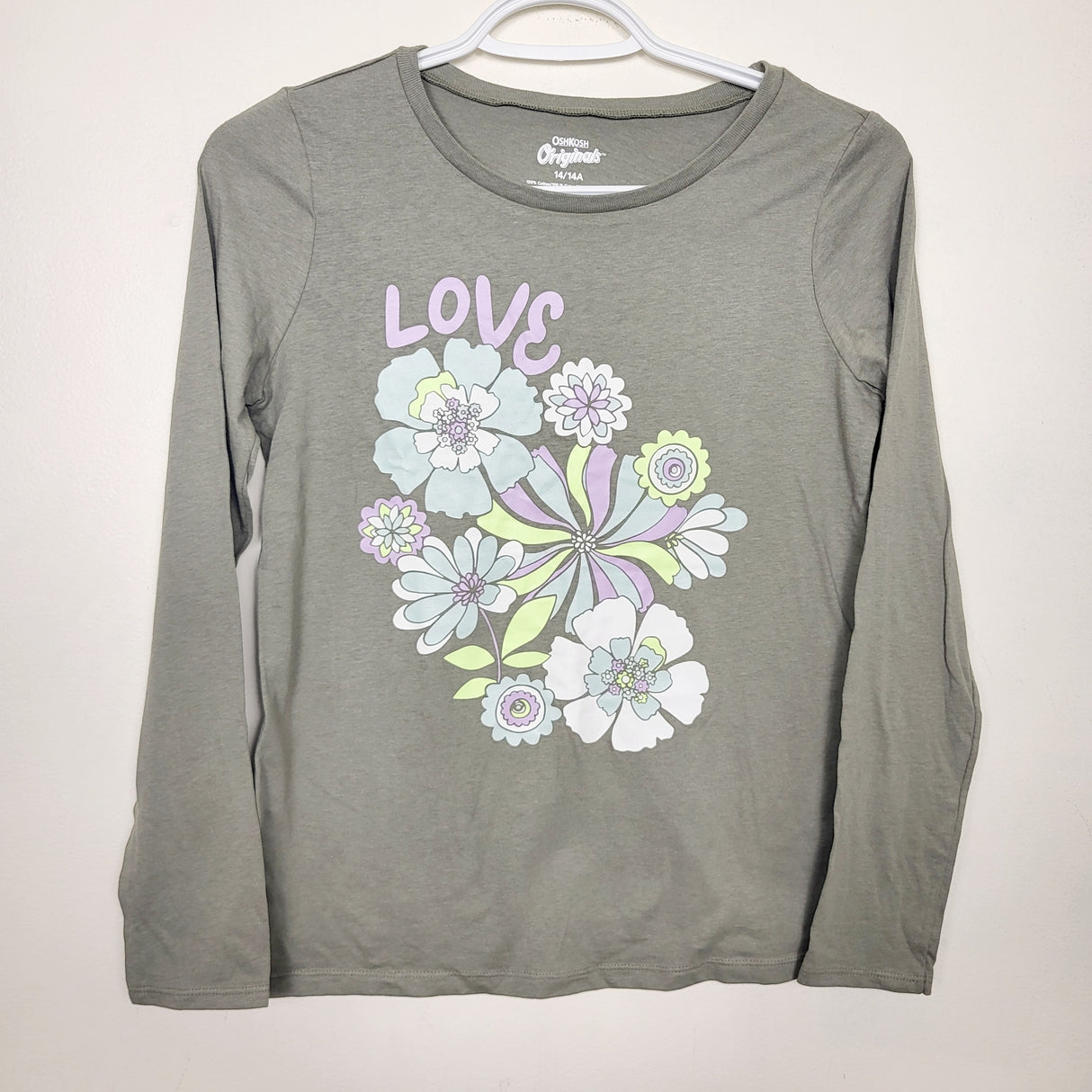 MAWA1 - Oshkosh olive green floral print "Love" long sleeved top. Size 14