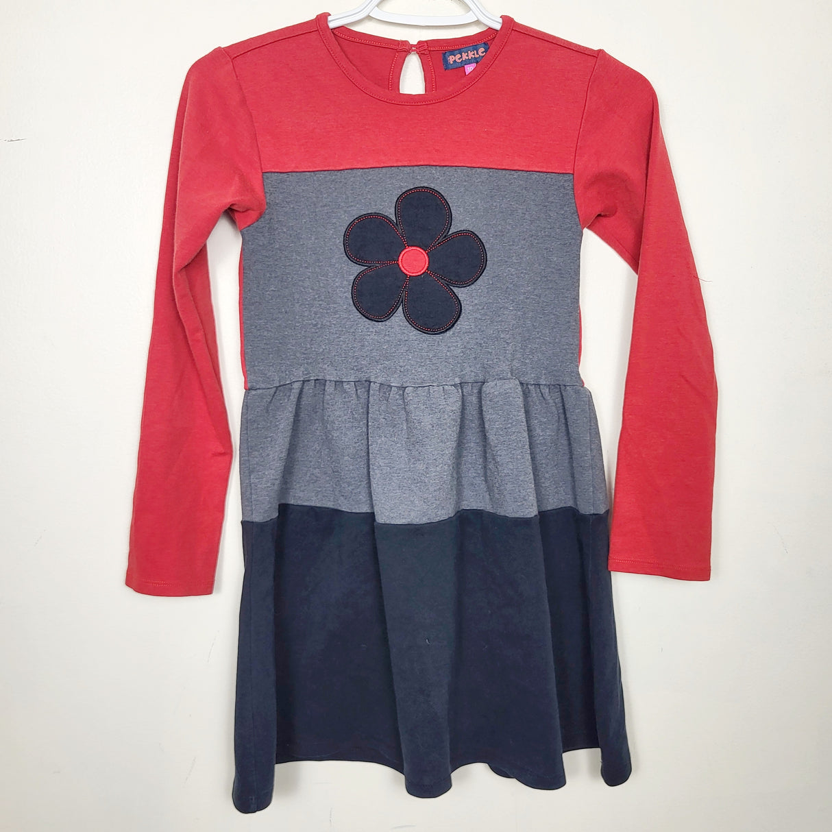 MAWA1 - Pekkle red, black and grey dress with applique flower. Size 10