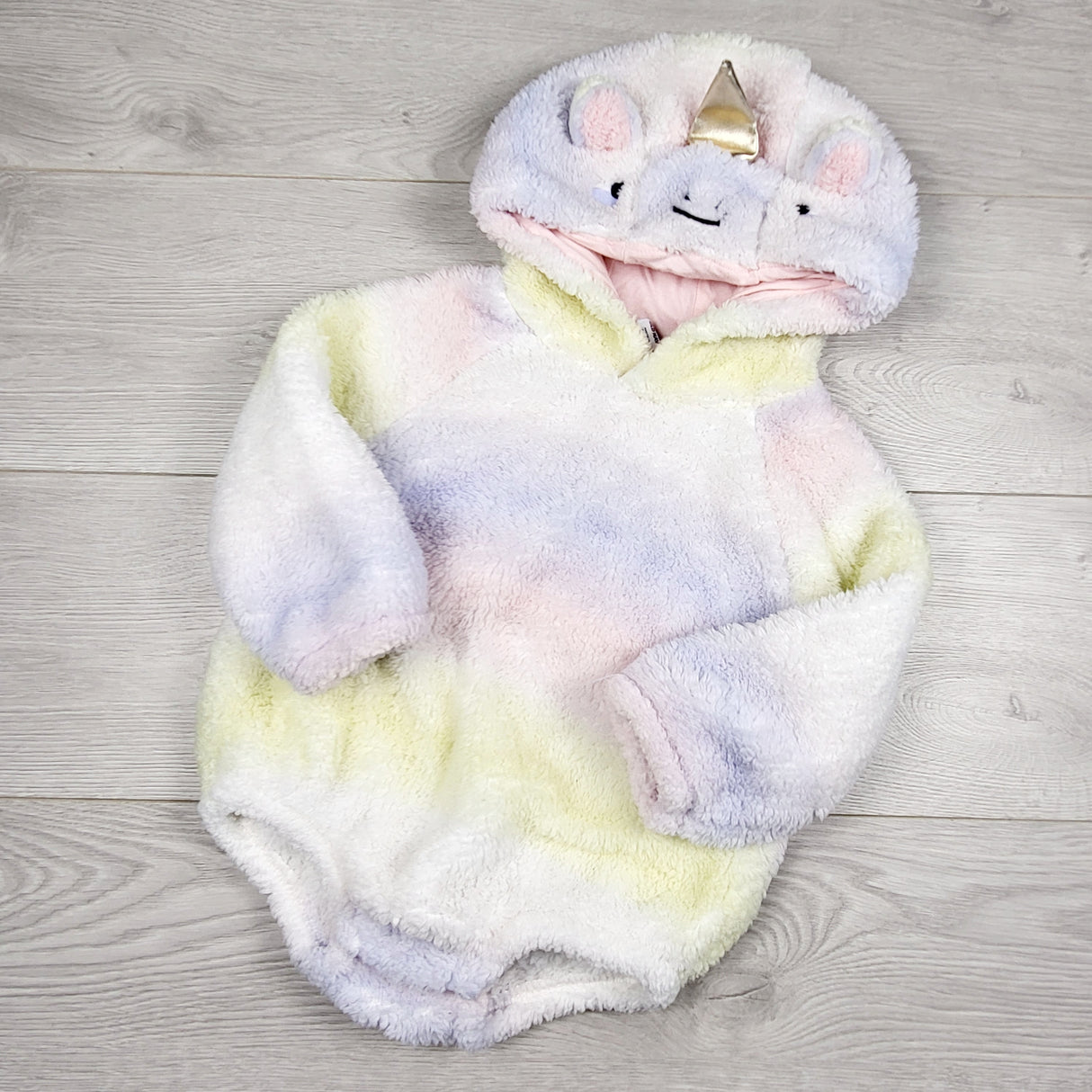 JEPR3 - Old Navy pastel coloured plush hooded unicorn romper. Size 18-24 months