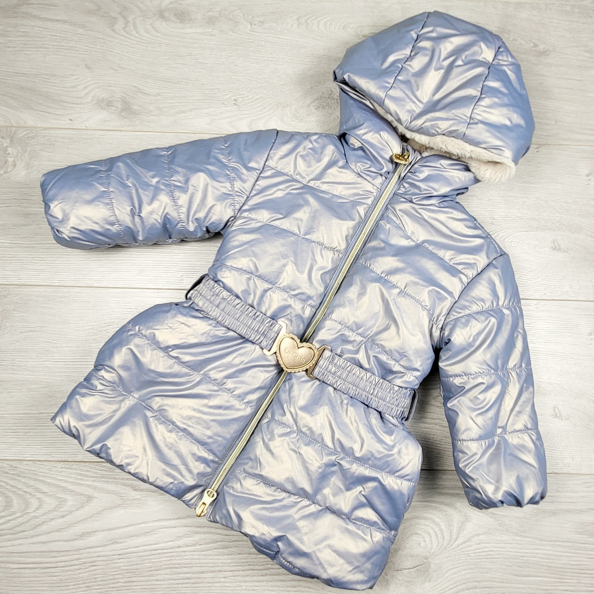 JEPR3 - Le Chic metallic puffer coat with faux fur lining. Size 12 months. Retails for $200 new