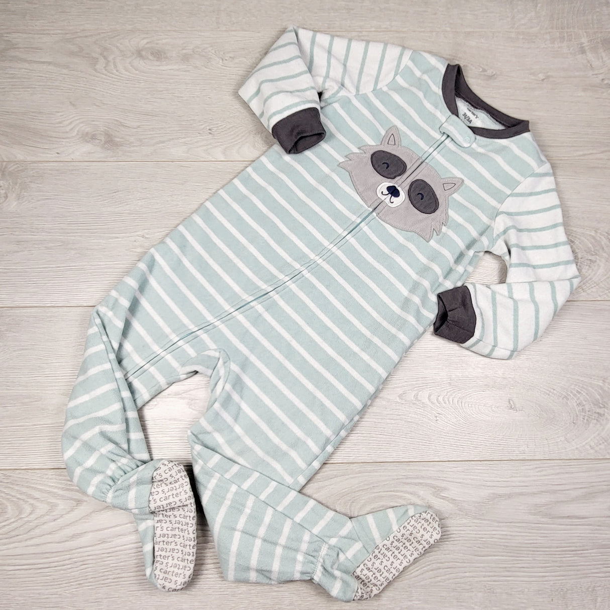 JLSN1 - Carters striped zippered fleece sleeper with raccoon. Size 3T