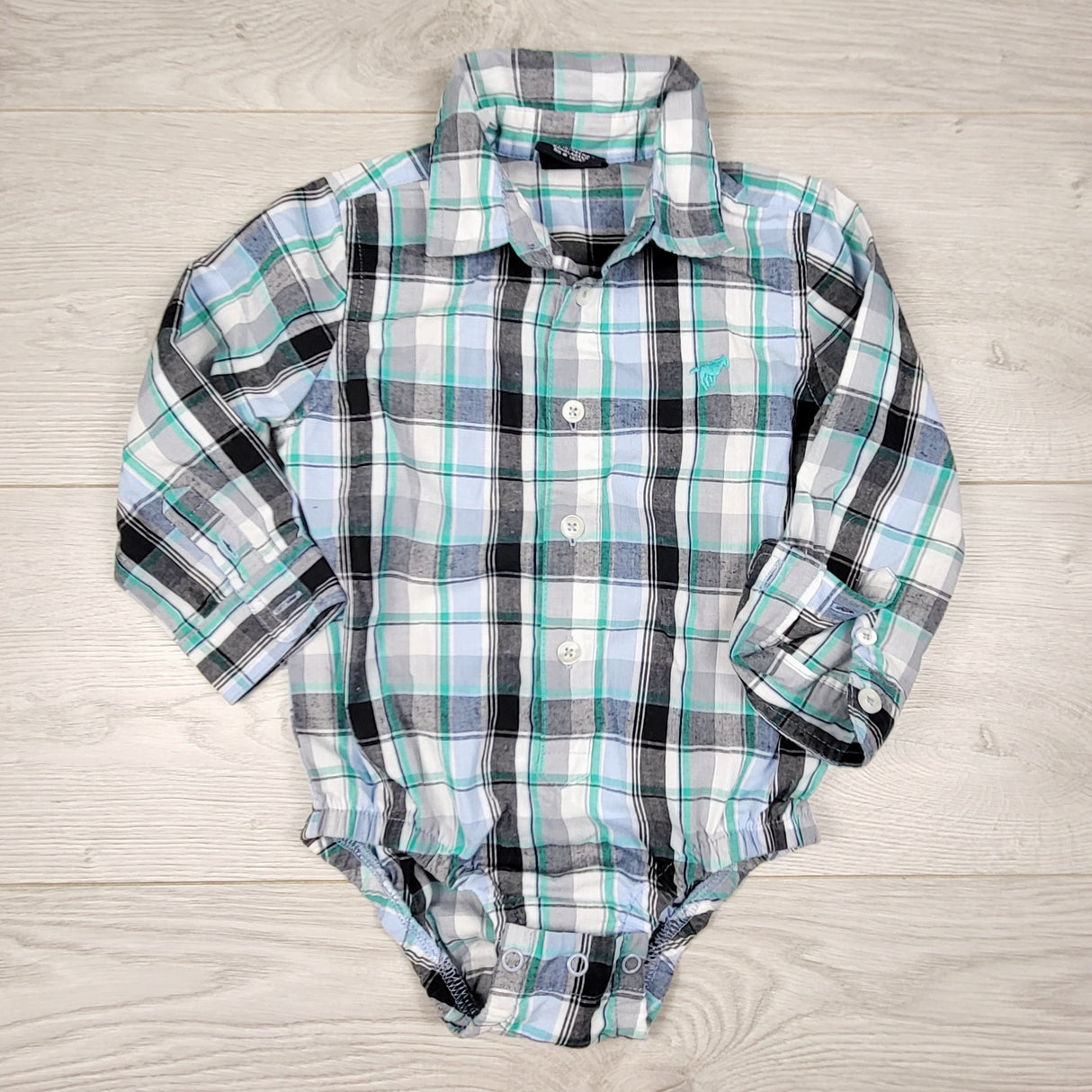 JLSN1 - Wrangler plaid button down bodysuit. Size 24 months