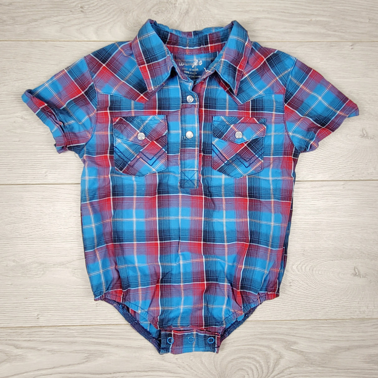 JLSN1 - Wrangler blue plaid button down bodysuit. Size 18 months