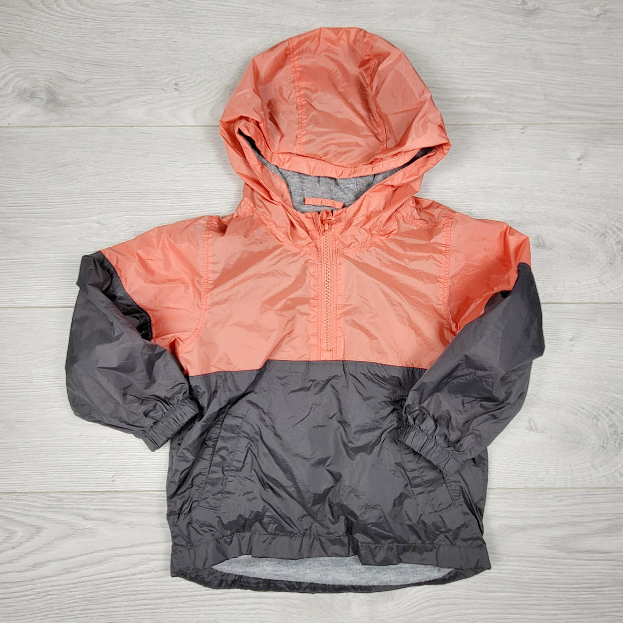 ADMX11 - Old Navy grey and orange hooded windbreaker jacket. Size 2T