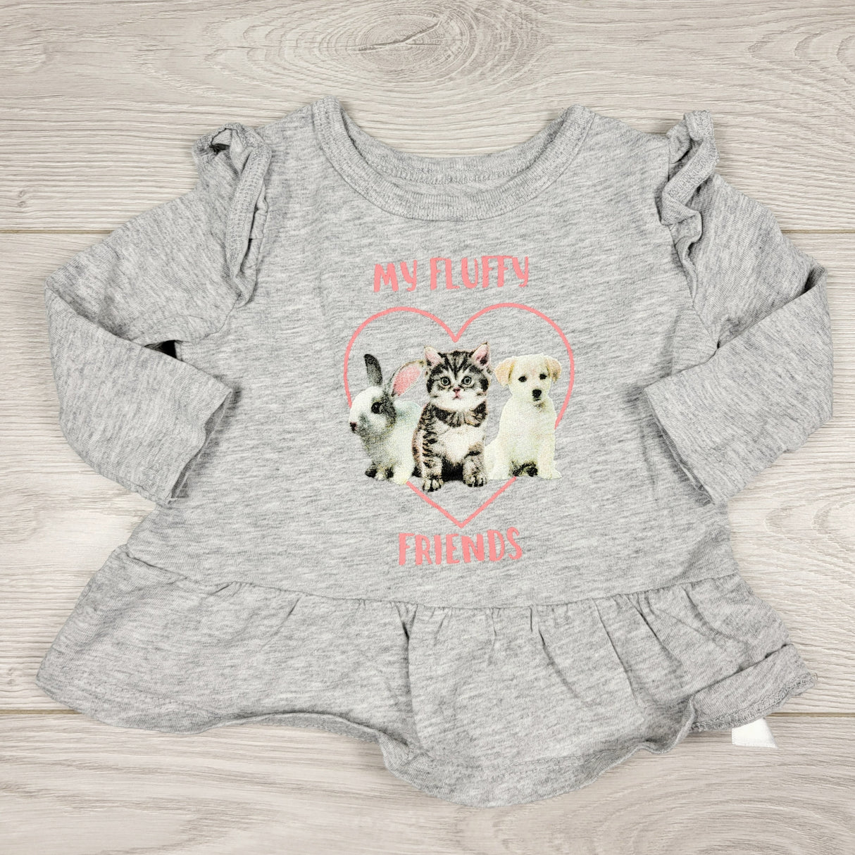 ECRS2 - Carters grey long sleeved top with animals "My Fluffy Friends". Size 3 months