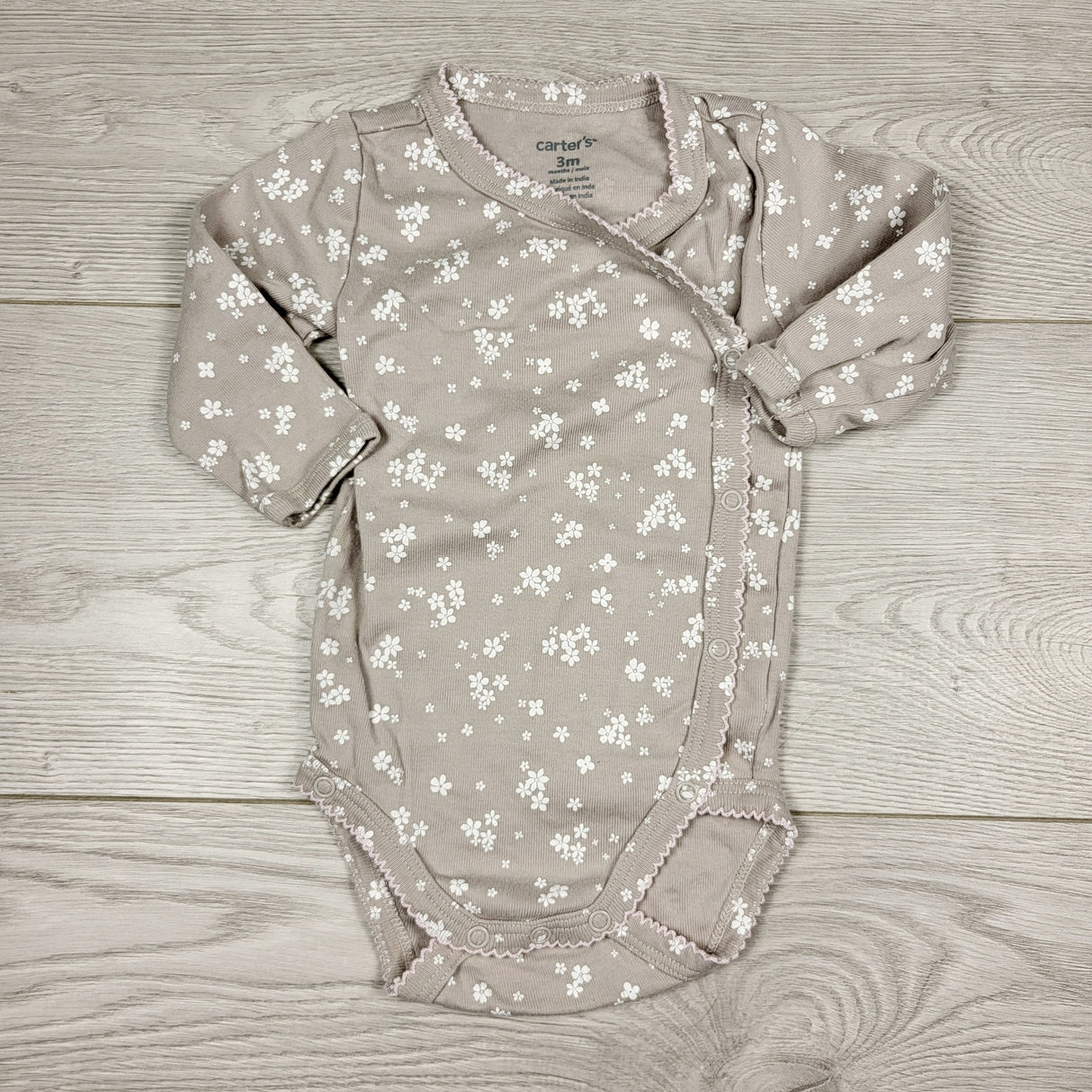 ECRS2 - Carters grey floral print wrap style bodysuit. Size 3 months