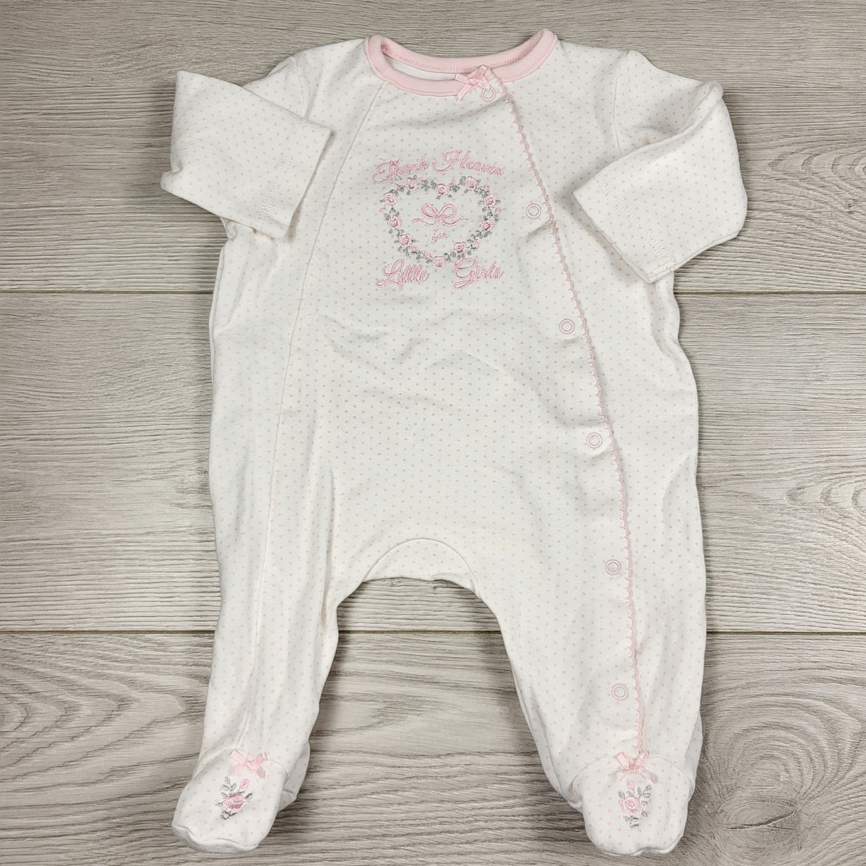 ECRS2 - Little Me white and pink polka dot cotton sleeper. Size 3 months